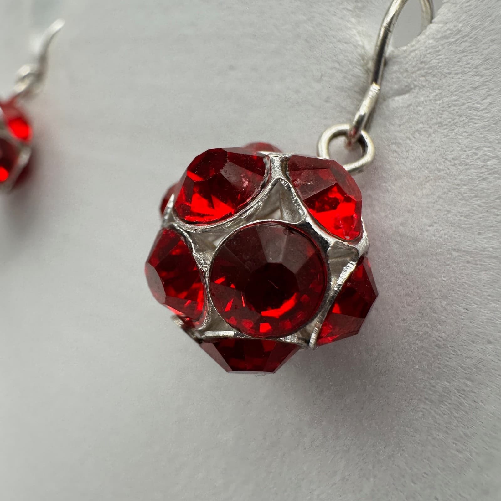 Vintage 90s Red Crystal Disco Ball Earrings Silver Tone Jewelry Hook Dangle - Thumbnail 5