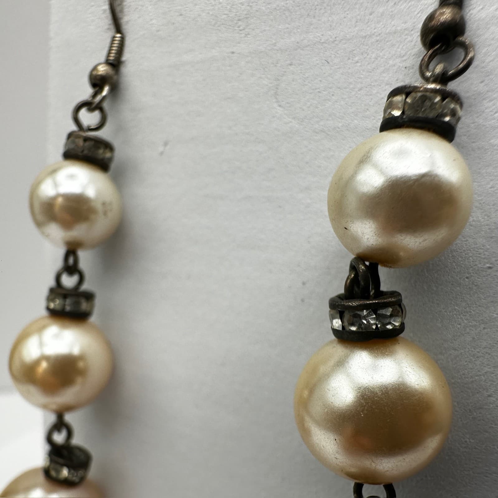 Vintage 90s Faux Pearl Drop Earrings Silver Tone Crystal Accents Jewelry - Thumbnail 6