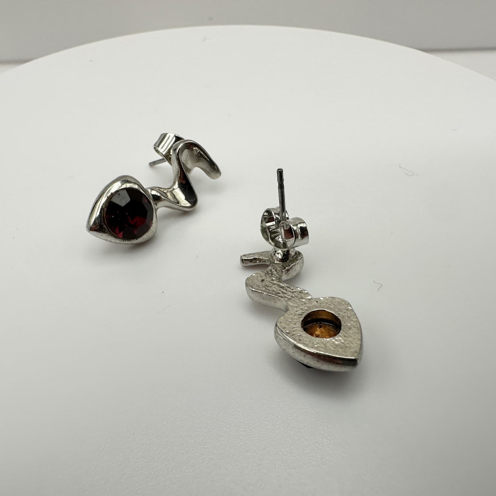 VTG 90s Silver Tone Red Crystal Squiggle Earrings Snake S Shape Stud Jewelry - Thumbnail 8