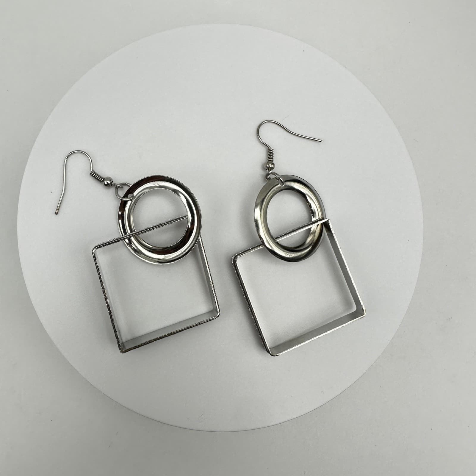 Vintage 90s Silver Tone Geometric Drop Dangle Earrings Textured Square Jewelry - Thumbnail 7
