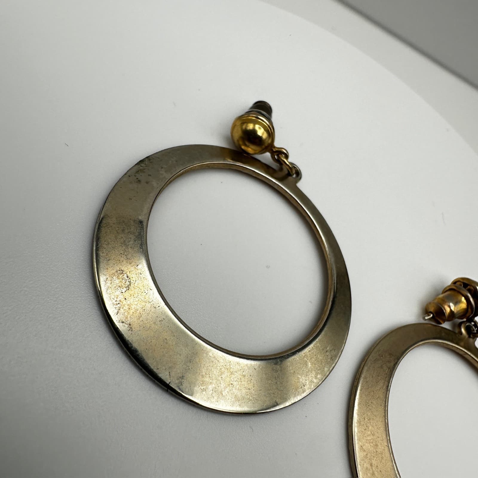 Vintage 80s Gold Tone Tapered Hoop Dangle Earrings Statement Women's Jewelry - Thumbnail 3