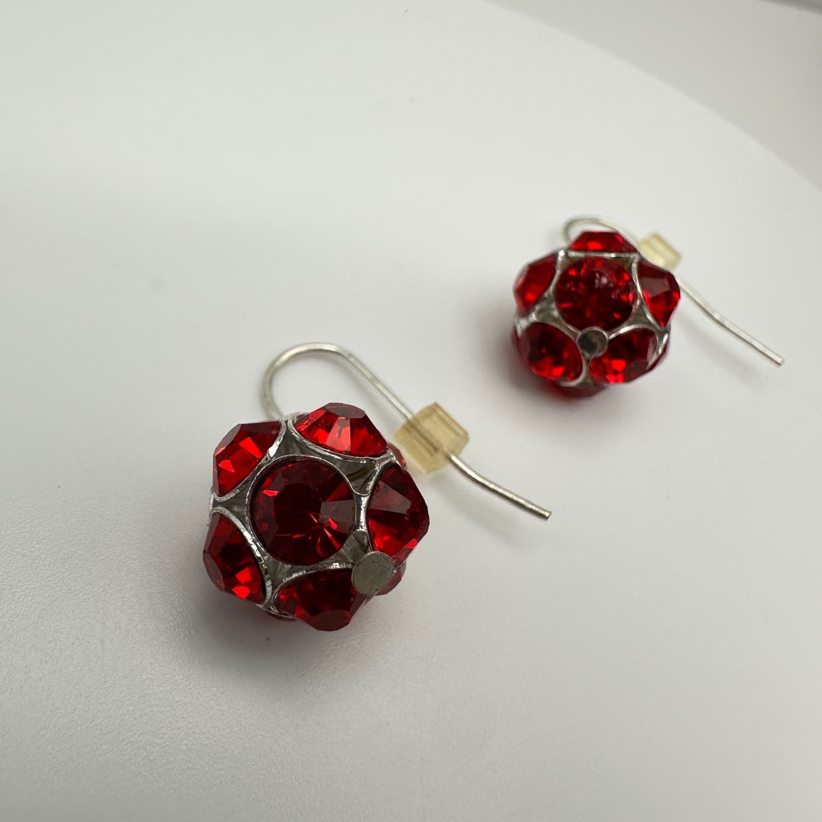Vintage 90s Red Crystal Disco Ball Earrings Silver Tone Jewelry Hook Dangle - Thumbnail 7