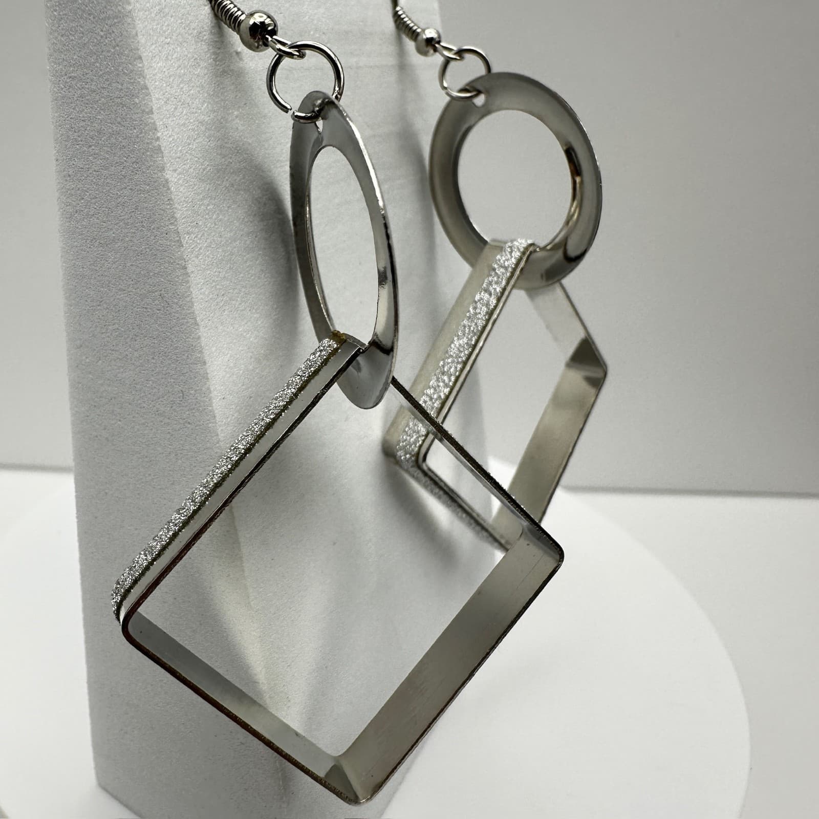 Vintage 90s Silver Tone Geometric Drop Dangle Earrings Textured Square Jewelry - Thumbnail 2