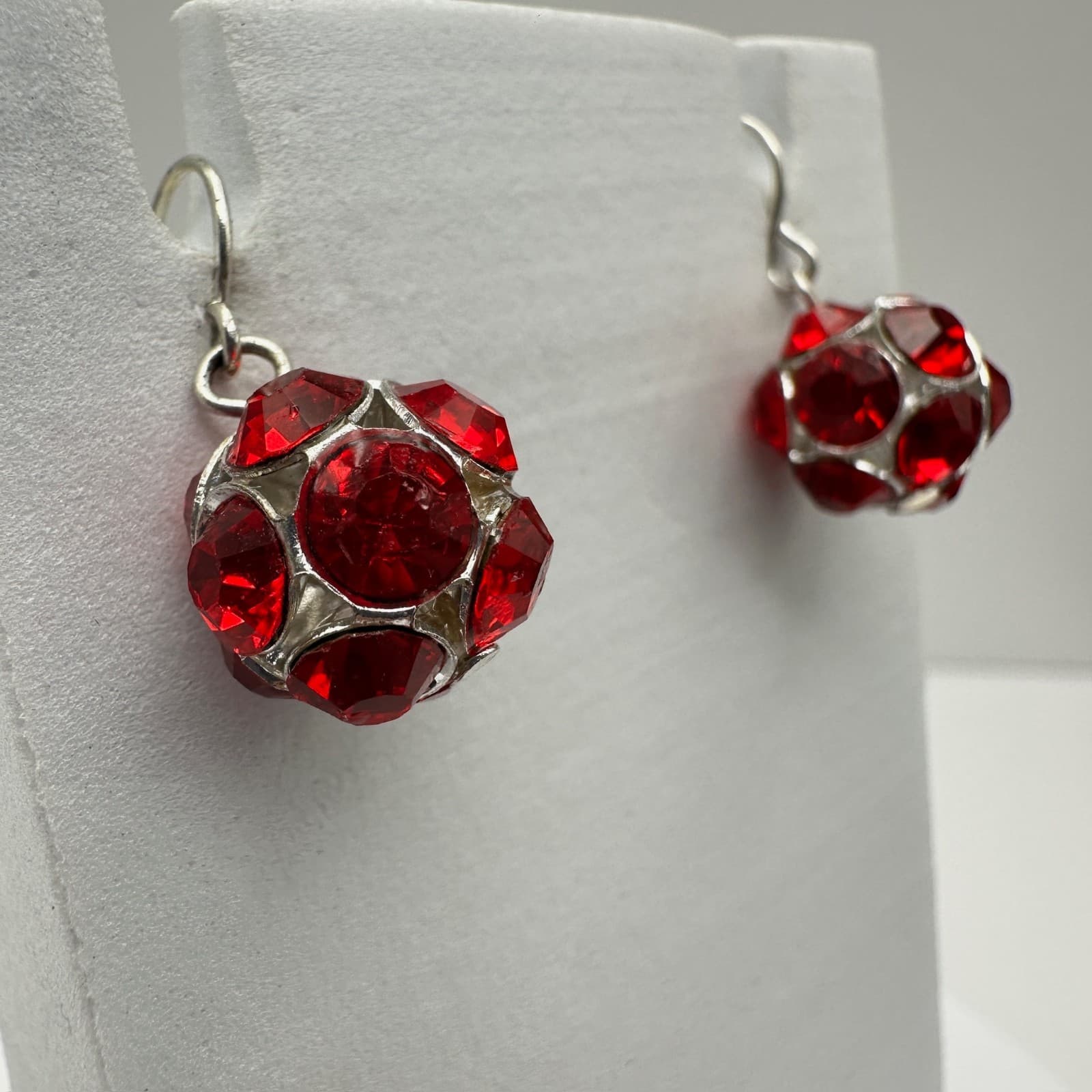 Vintage 90s Red Crystal Disco Ball Earrings Silver Tone Jewelry Hook Dangle - Thumbnail 2