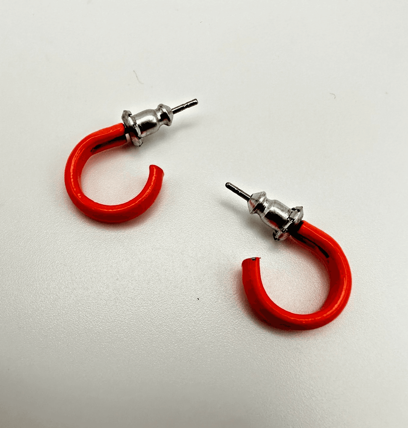Vintage 90s Orange Enamel Hoop Earrings Silver Tone Fashion Retro Jewelry - Image 1