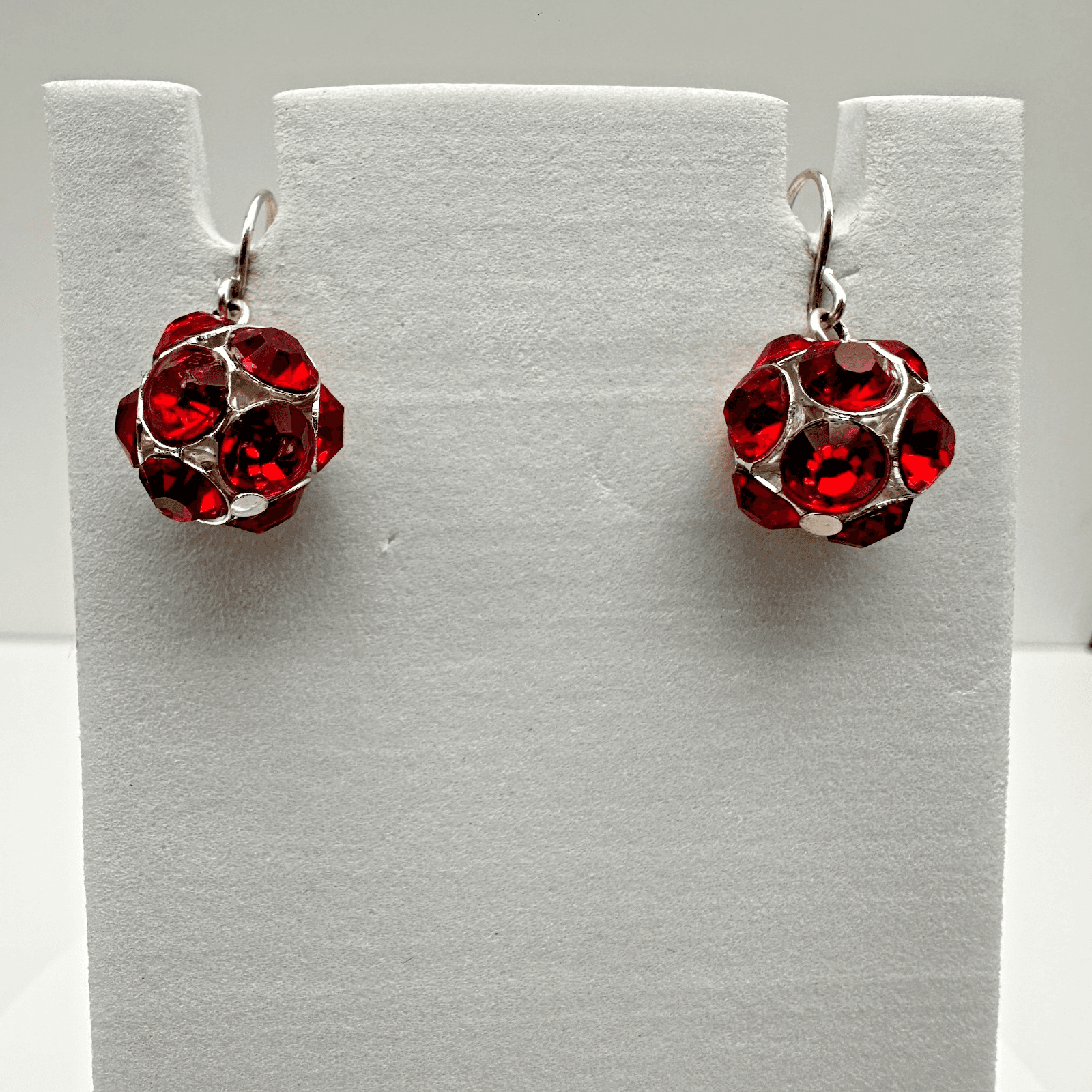Vintage 90s Red Crystal Disco Ball Earrings Silver Tone Jewelry Hook Dangle - Image 1