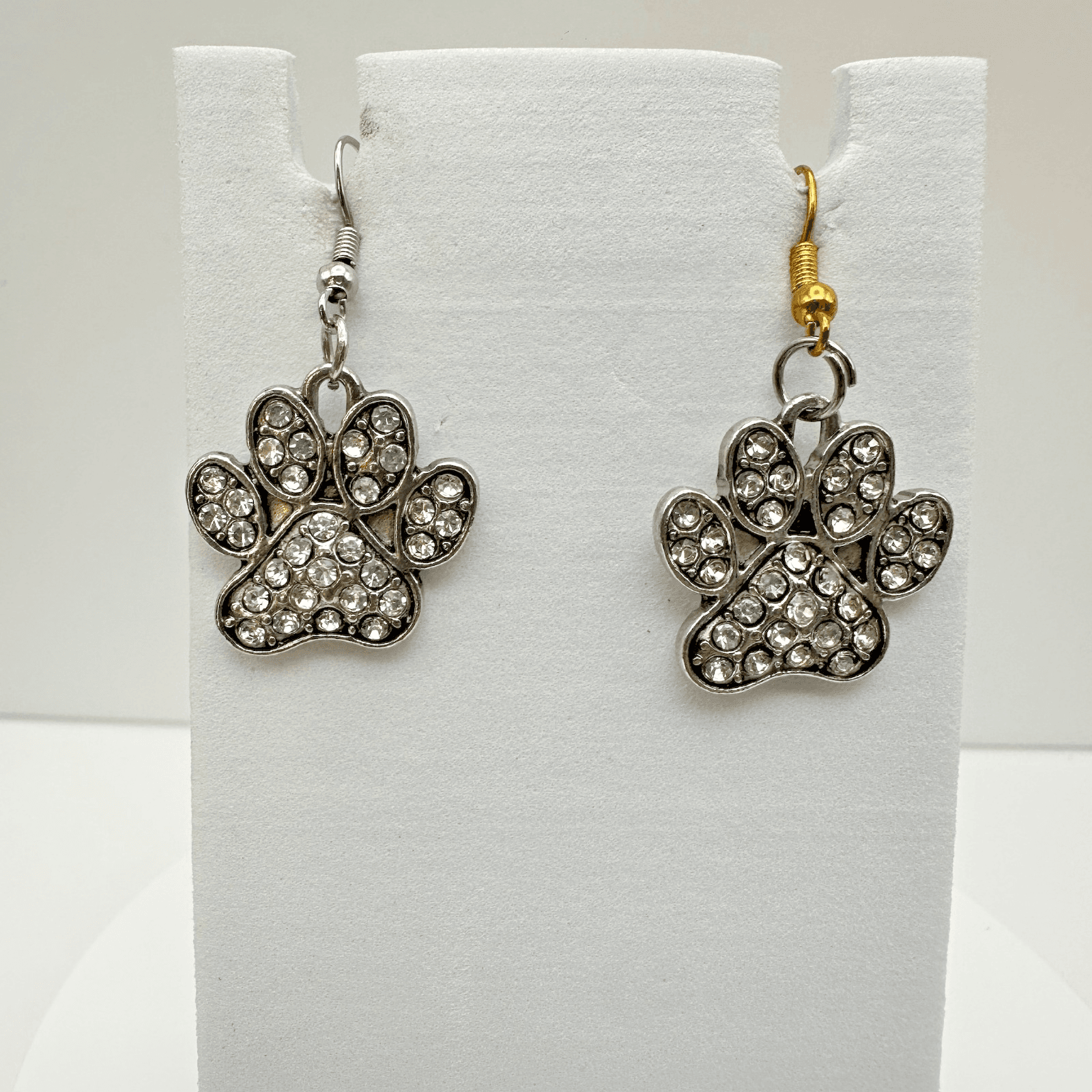 Vintage 90s Dog Paw Jewelry Silver Tone Crystal Animal Print Hook Earrings - Image 1