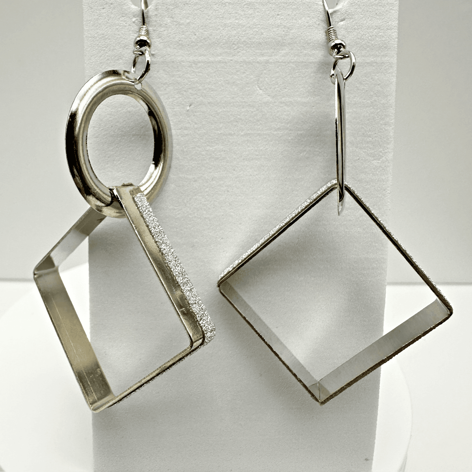 Vintage 90s Silver Tone Geometric Drop Dangle Earrings Textured Square Jewelry - Image 1
