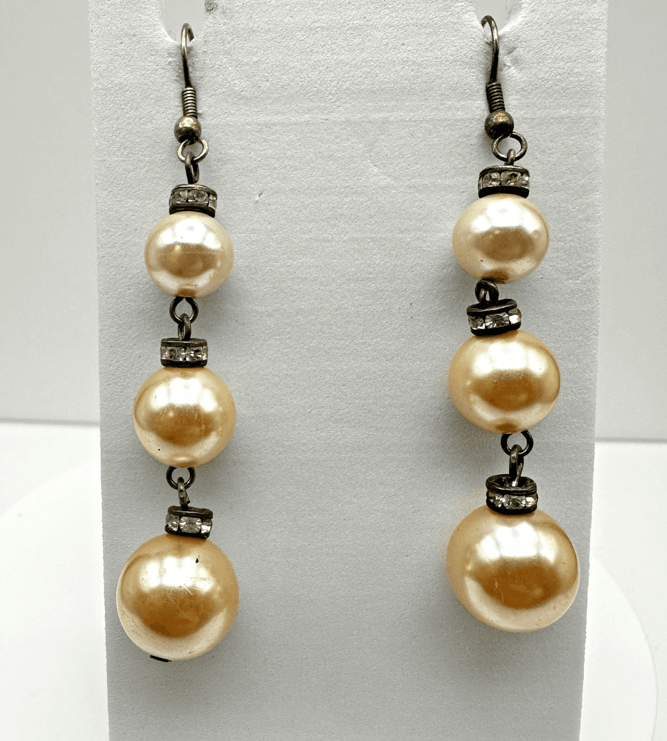 Vintage 90s Faux Pearl Drop Earrings Silver Tone Crystal Accents Jewelry - Image 1
