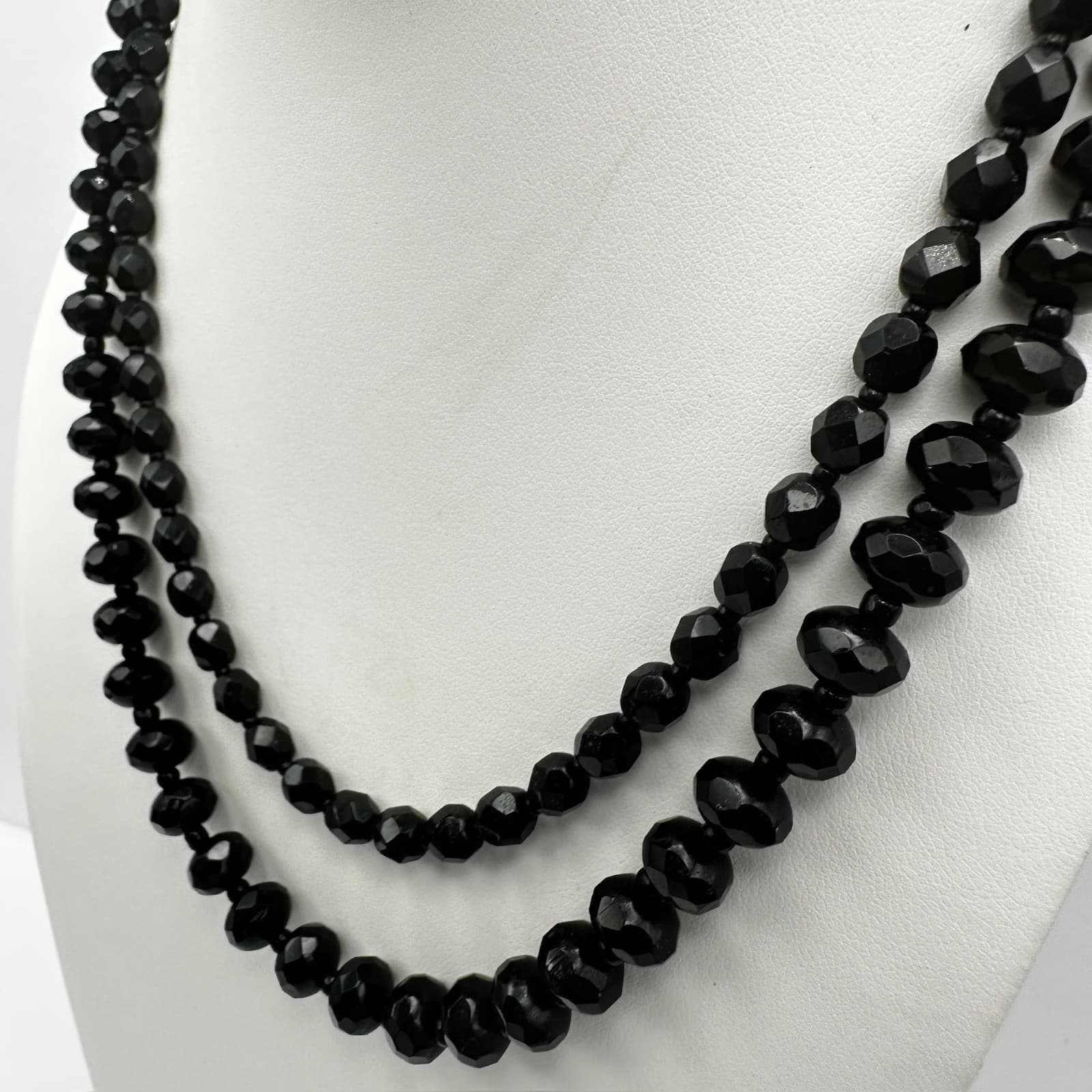Vintage 90s Black Faceted Bead Double Strand Necklace Lobster Women's Jewelry - Thumbnail 6
