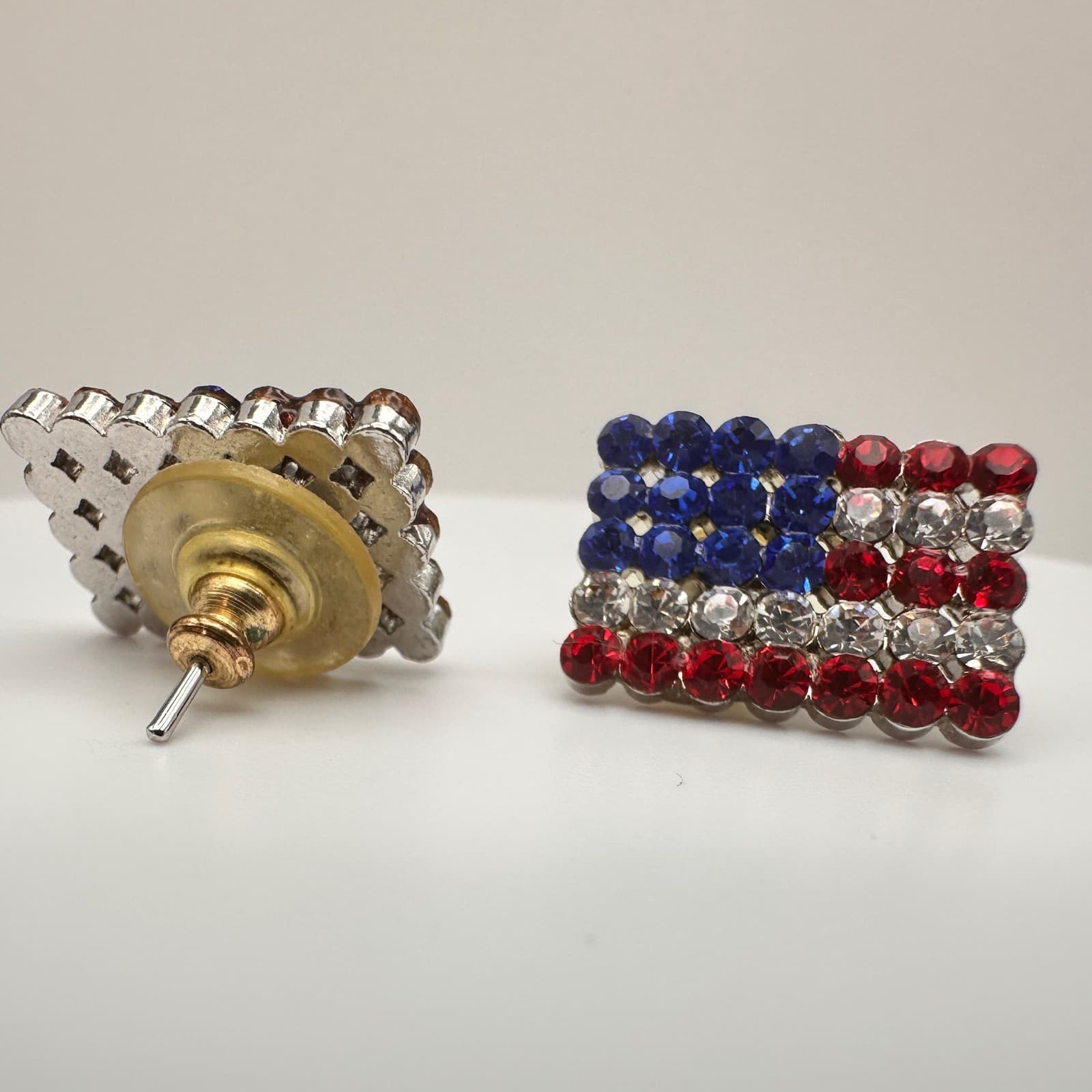 Vintage 80s Patriotic American Flag Rhinestone Earrings Red White & Blue Jewelry - Thumbnail 4