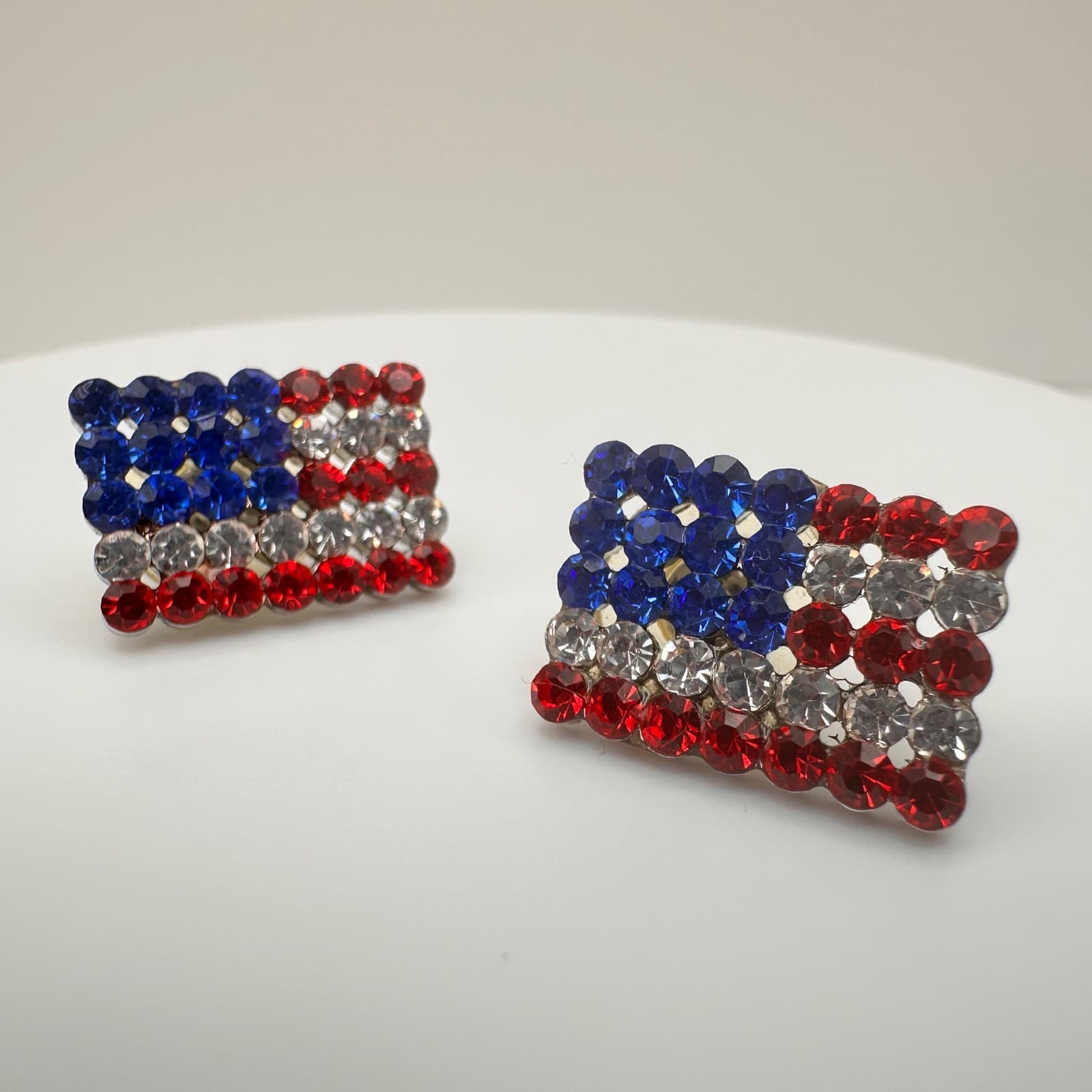 Vintage 80s Patriotic American Flag Rhinestone Earrings Red White & Blue Jewelry - Image 1