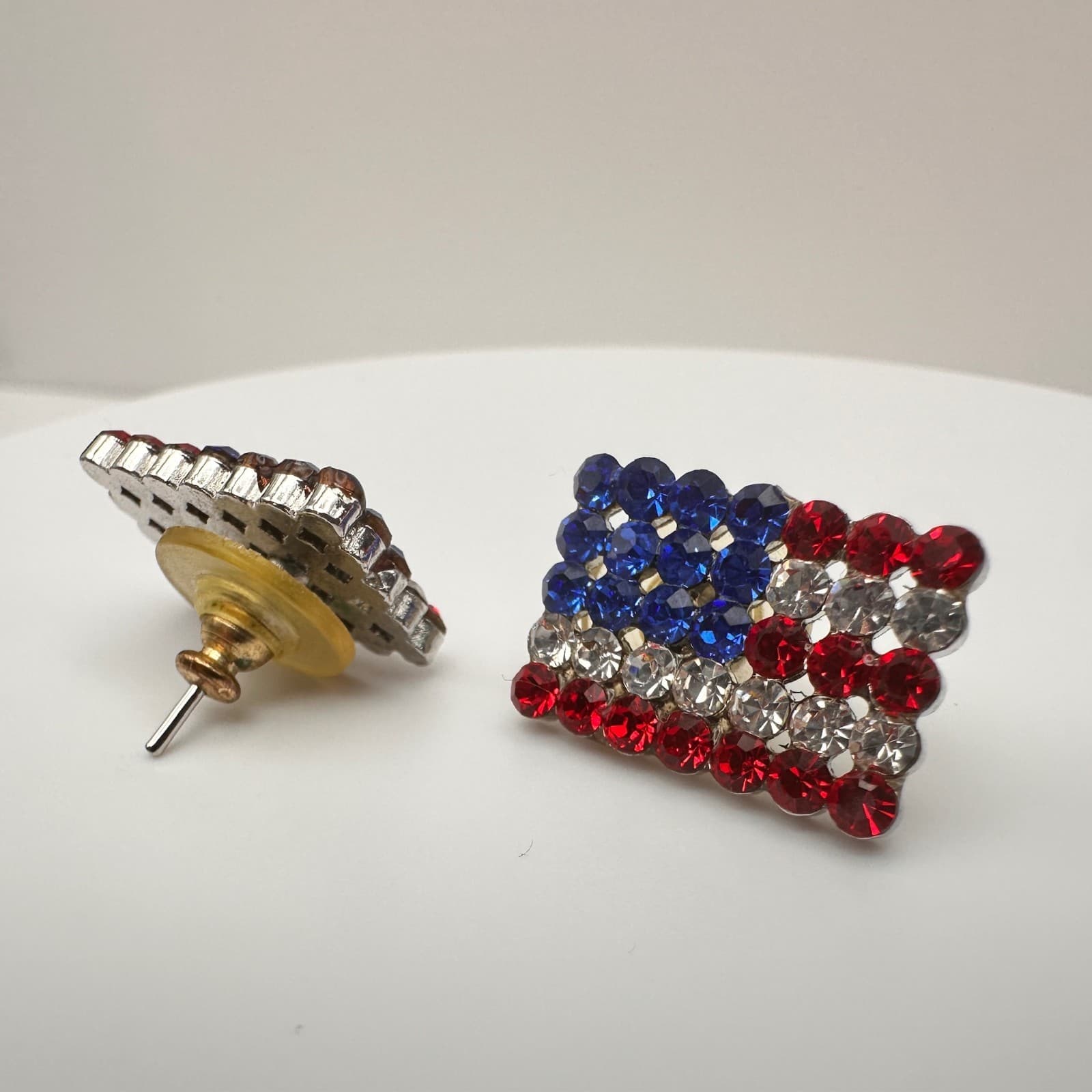 Vintage 80s Patriotic American Flag Rhinestone Earrings Red White & Blue Jewelry - Thumbnail 5