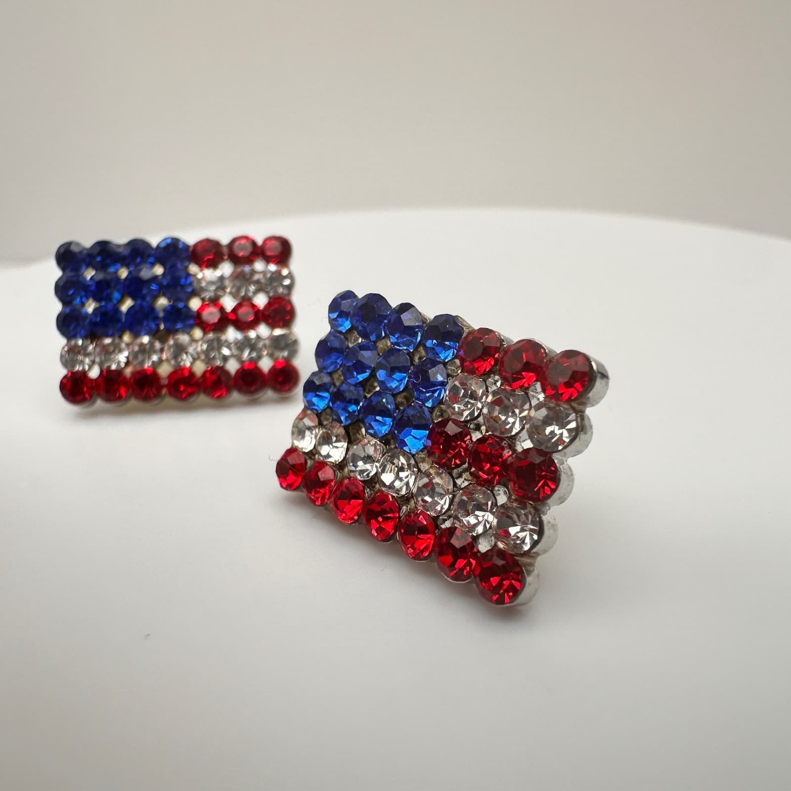 Vintage 80s Patriotic American Flag Rhinestone Earrings Red White & Blue Jewelry - Thumbnail 2