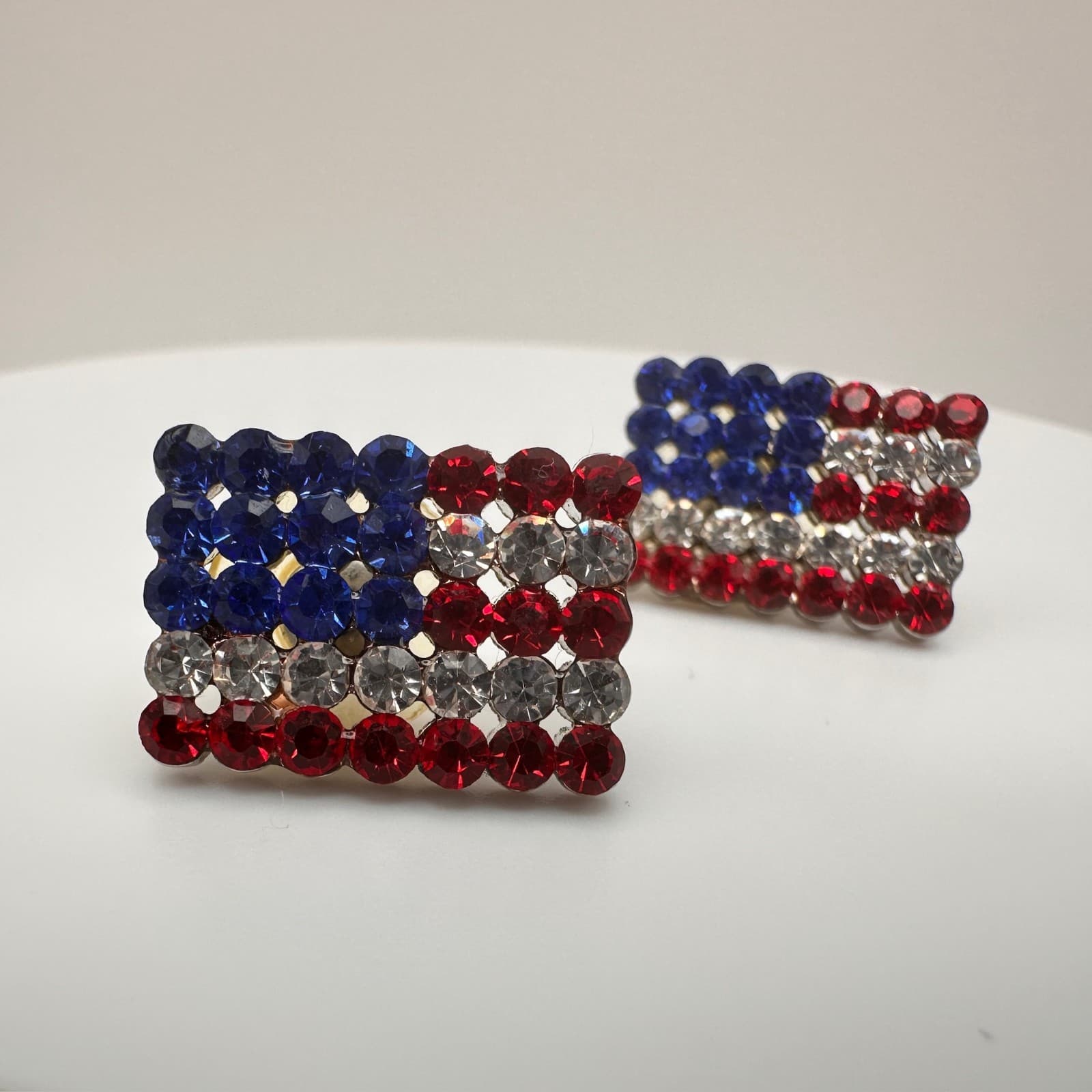 Vintage 80s Patriotic American Flag Rhinestone Earrings Red White & Blue Jewelry - Thumbnail 6