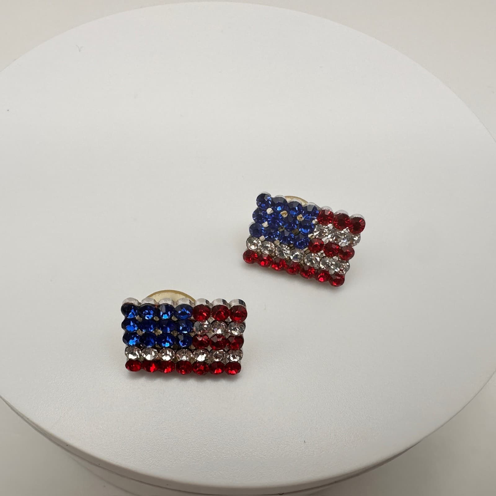Vintage 80s Patriotic American Flag Rhinestone Earrings Red White & Blue Jewelry - Thumbnail 7