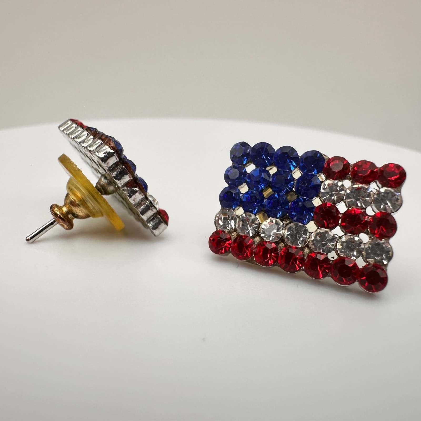 Vintage 80s Patriotic American Flag Rhinestone Earrings Red White & Blue Jewelry - Thumbnail 3