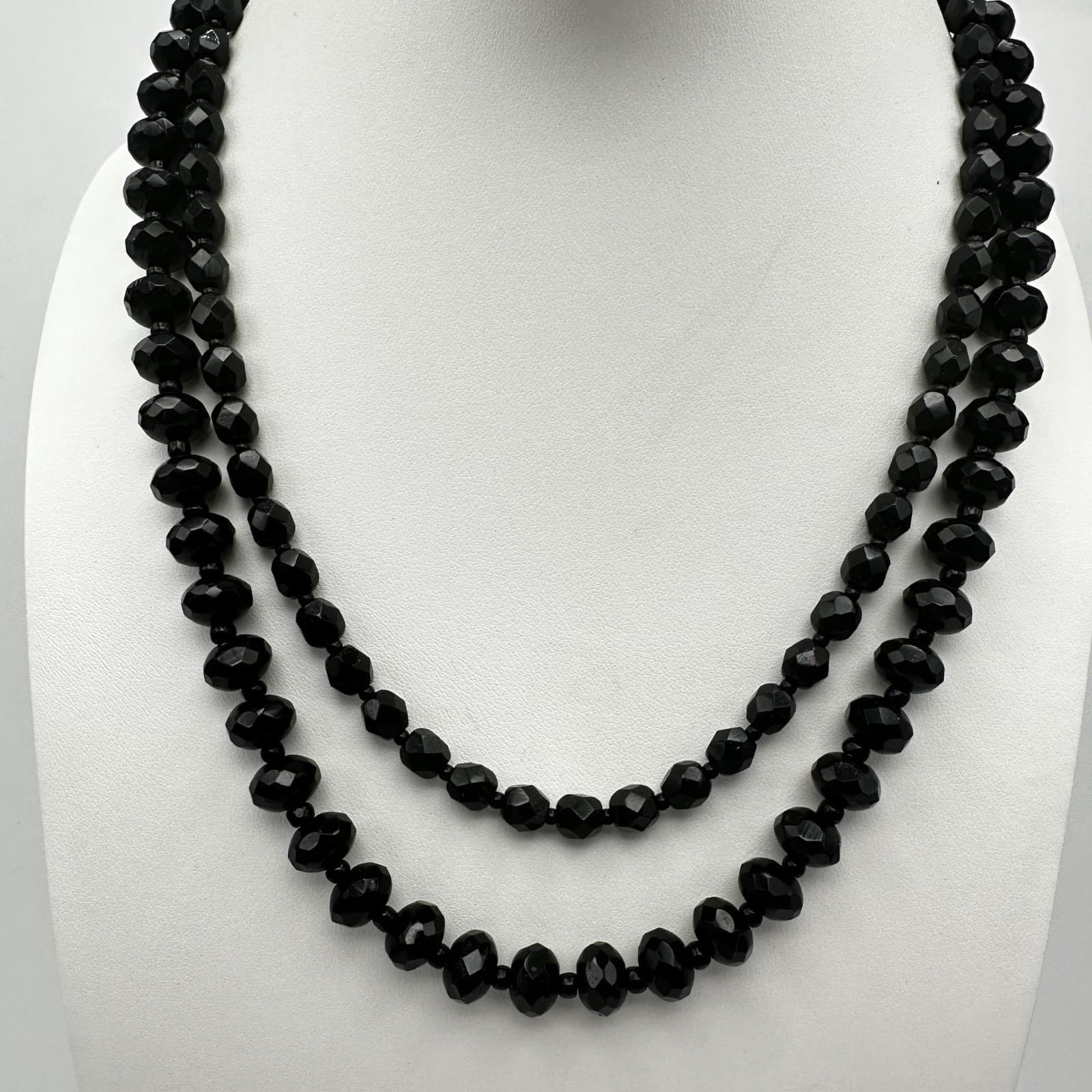 Vintage 90s Black Faceted Bead Double Strand Necklace Lobster Women's Jewelry - Image 1
