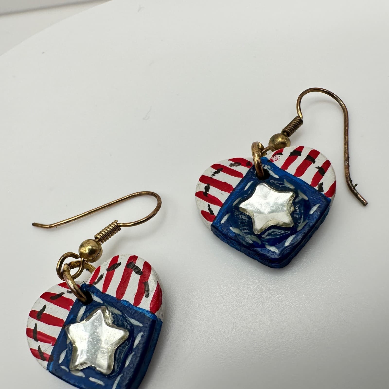 Vintage 90s Handmade Patriotic American Flag Heart Dangle Earrings Jewelry - Thumbnail 9