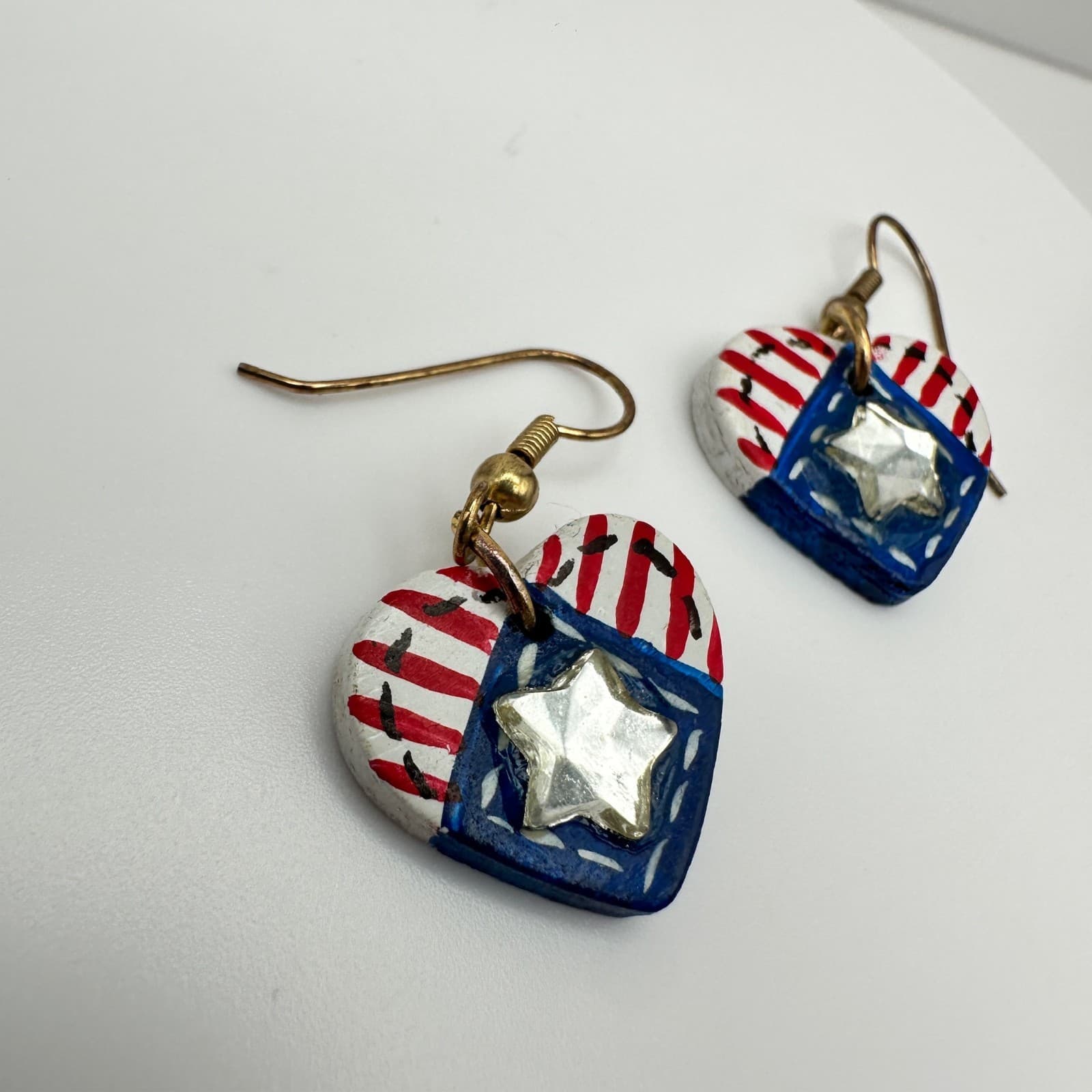 Vintage 90s Handmade Patriotic American Flag Heart Dangle Earrings Jewelry - Thumbnail 10