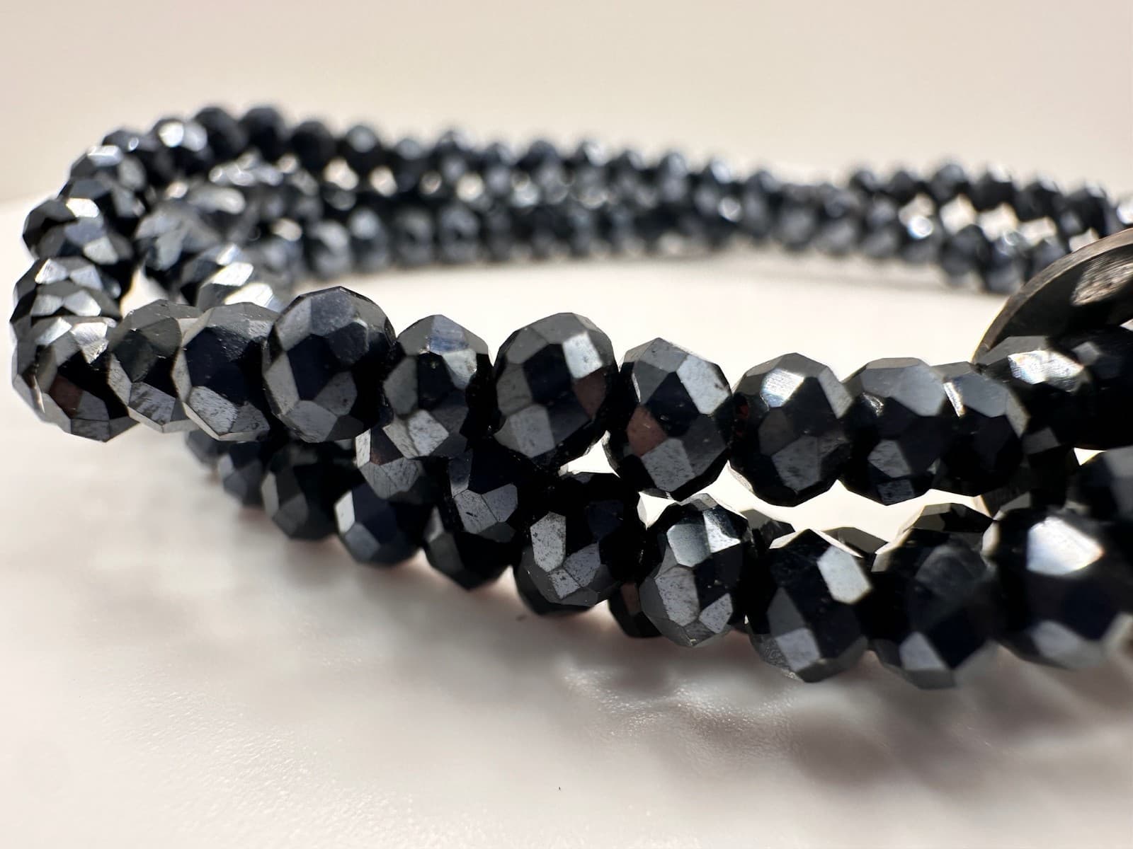 Vintage 90s Black Faceted Beaded Stretch Bracelet Clear Crystal Silver Tone Band - Thumbnail 5