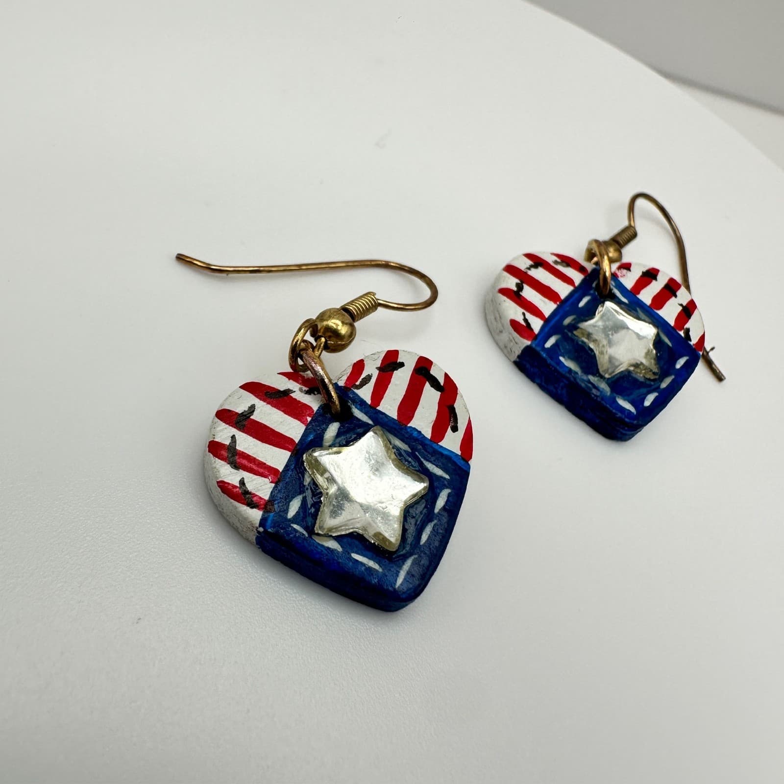 Vintage 90s Handmade Patriotic American Flag Heart Dangle Earrings Jewelry - Thumbnail 6