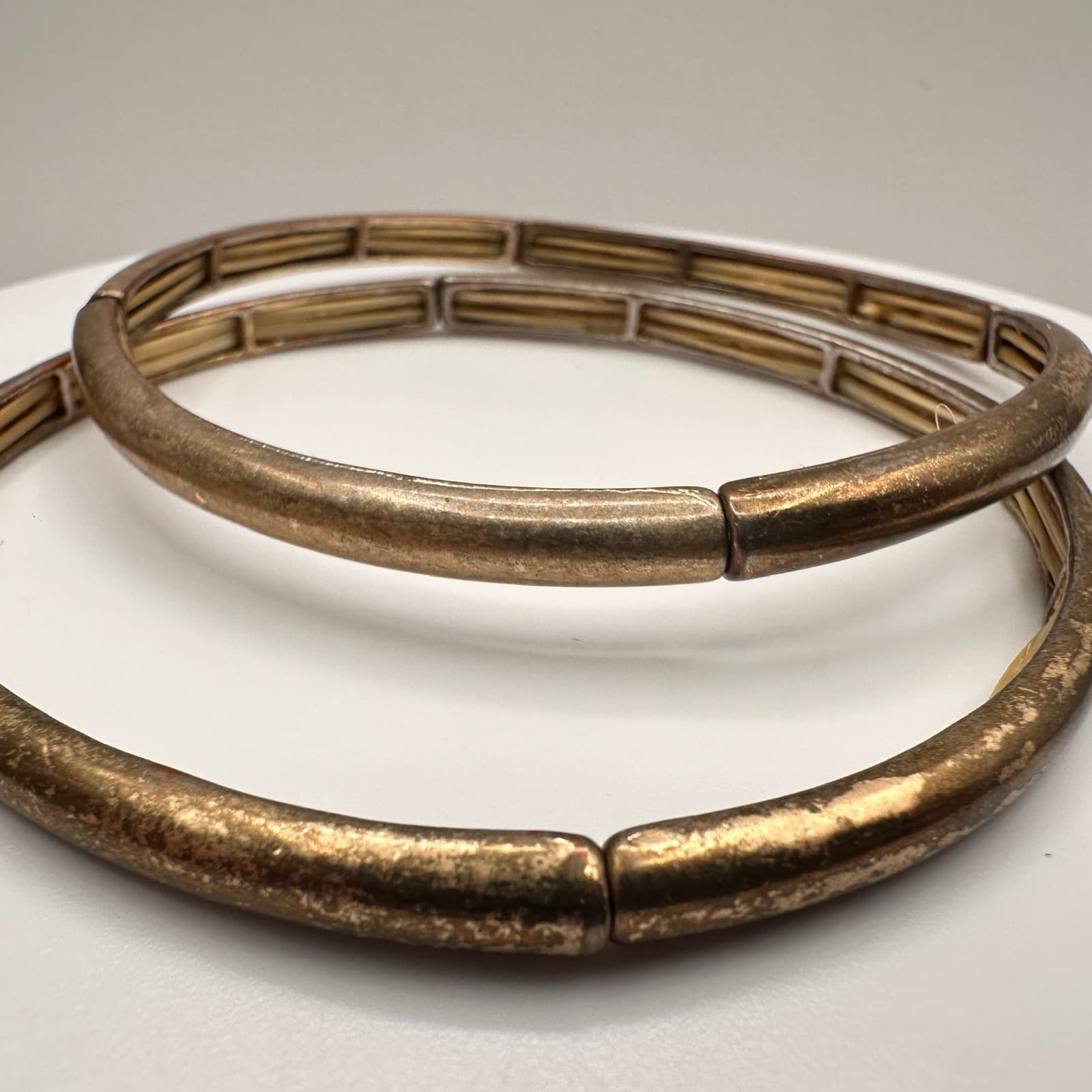 Vintage Gold Tone Stretch Bangles Set Textured Minimalist Bracelets - Thumbnail 9