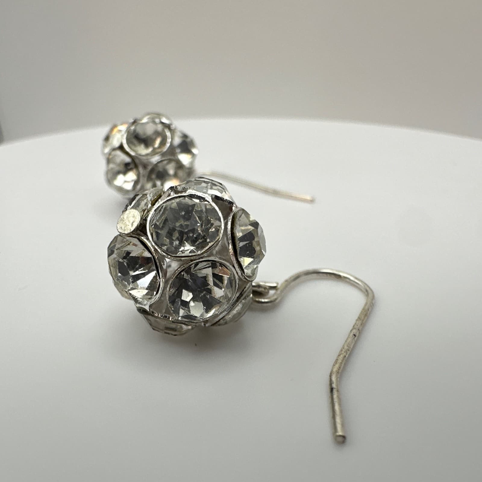 Vintage 90s Crystal Rhinestone Ball Dangle Earrings Silver Tone Hooks Jewelry - Thumbnail 11