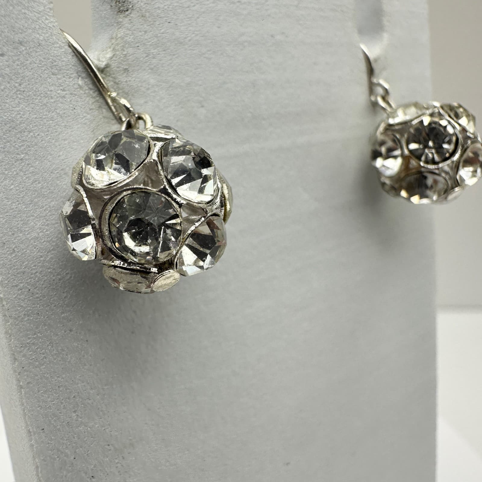 Vintage 90s Crystal Rhinestone Ball Dangle Earrings Silver Tone Hooks Jewelry - Thumbnail 2