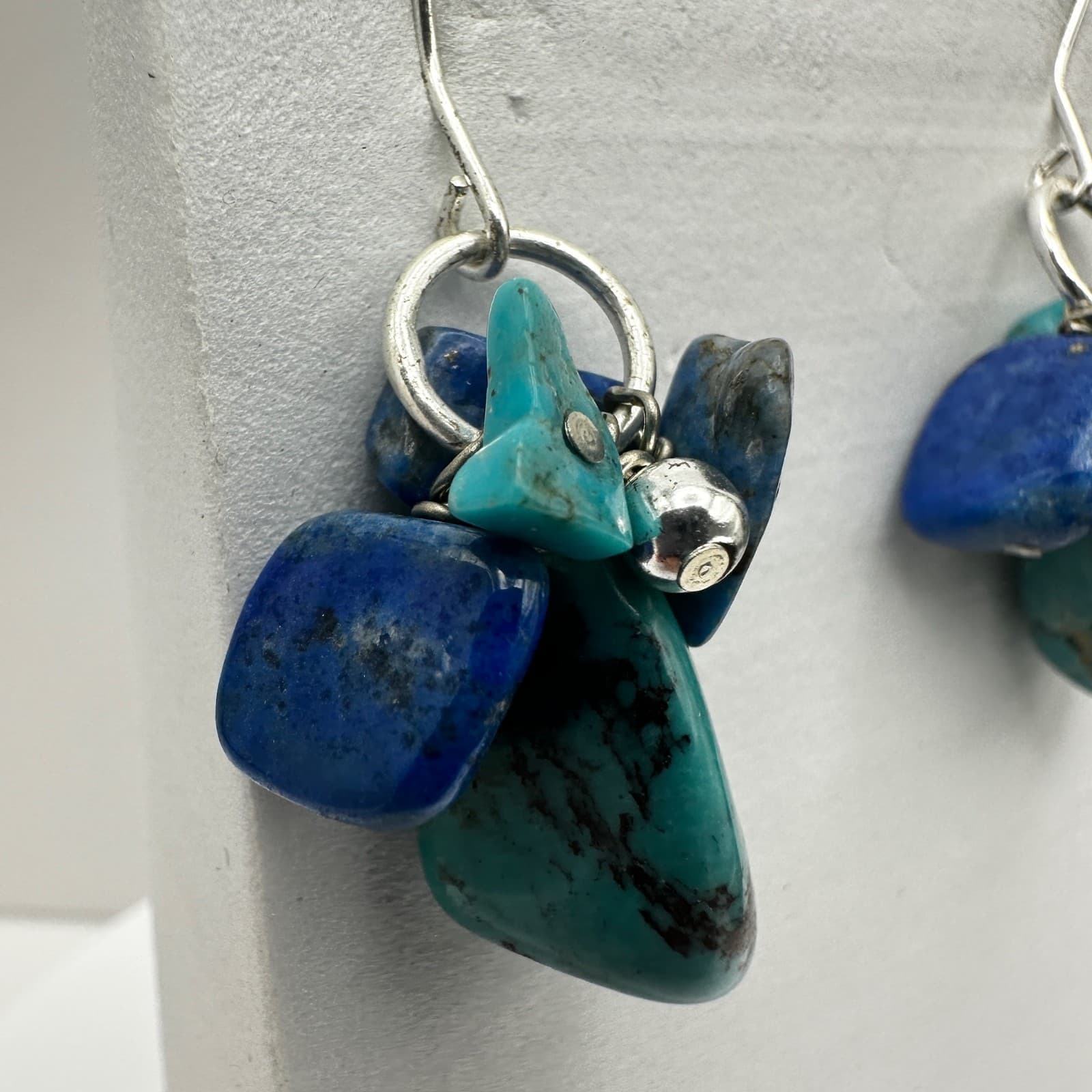 Vintage 90s Turquoise Lapis Lazuli Cluster Earrings Silver Hook Women's Jewelry - Thumbnail 4
