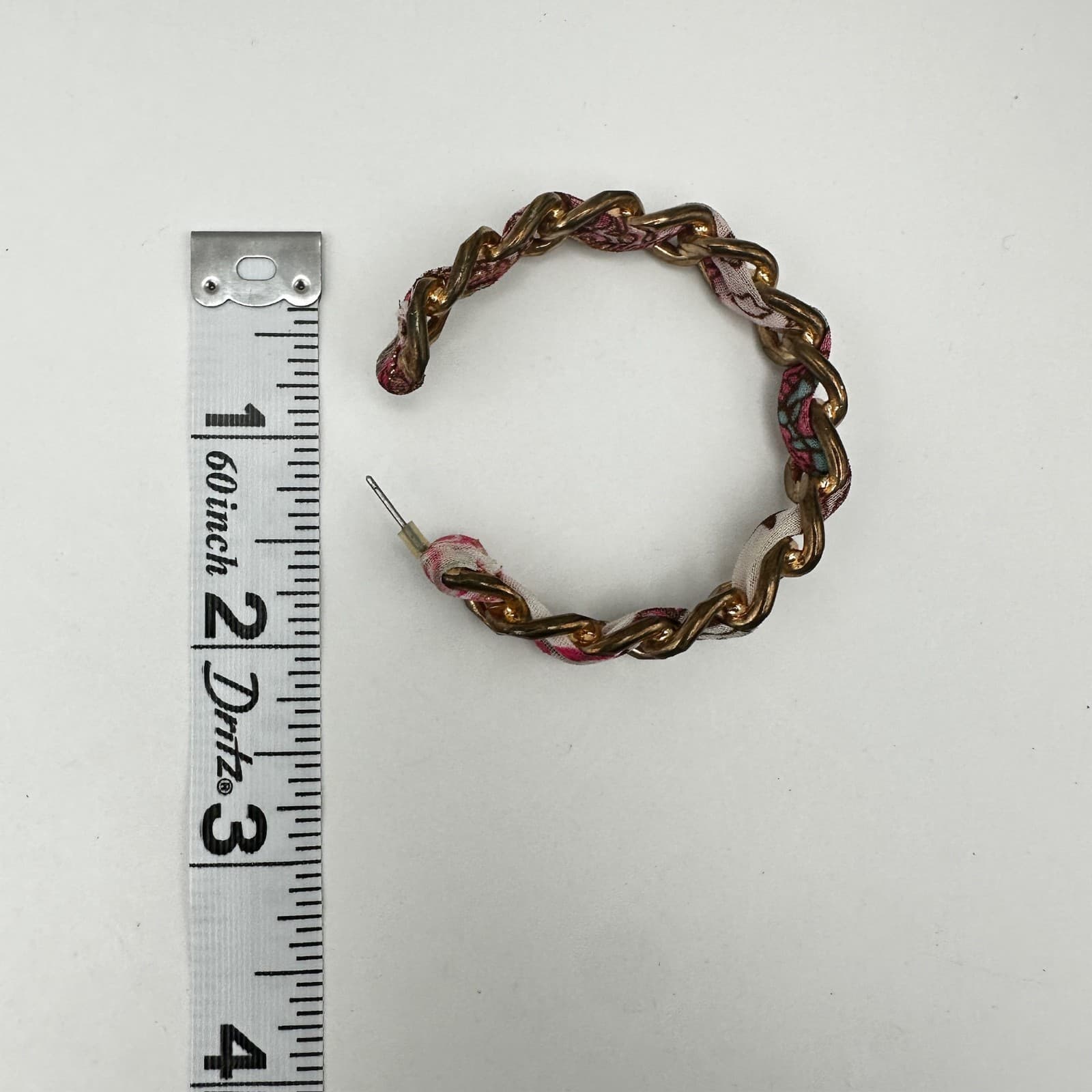 Vintage 90s Gold Tone Chain Floral Pink Fabric Wrapped Hoop Earrings Women's - Thumbnail 10