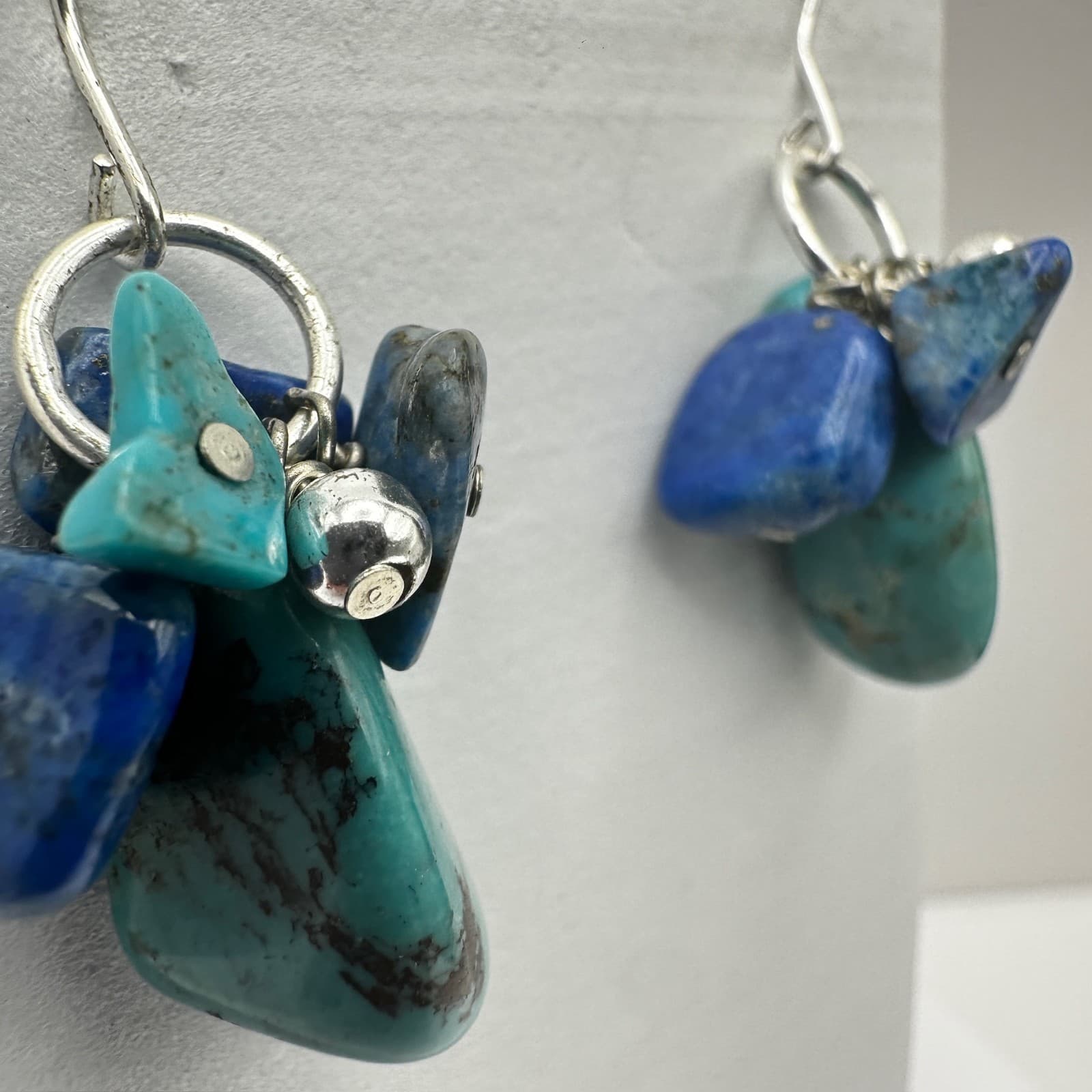 Vintage 90s Turquoise Lapis Lazuli Cluster Earrings Silver Hook Women's Jewelry - Thumbnail 5