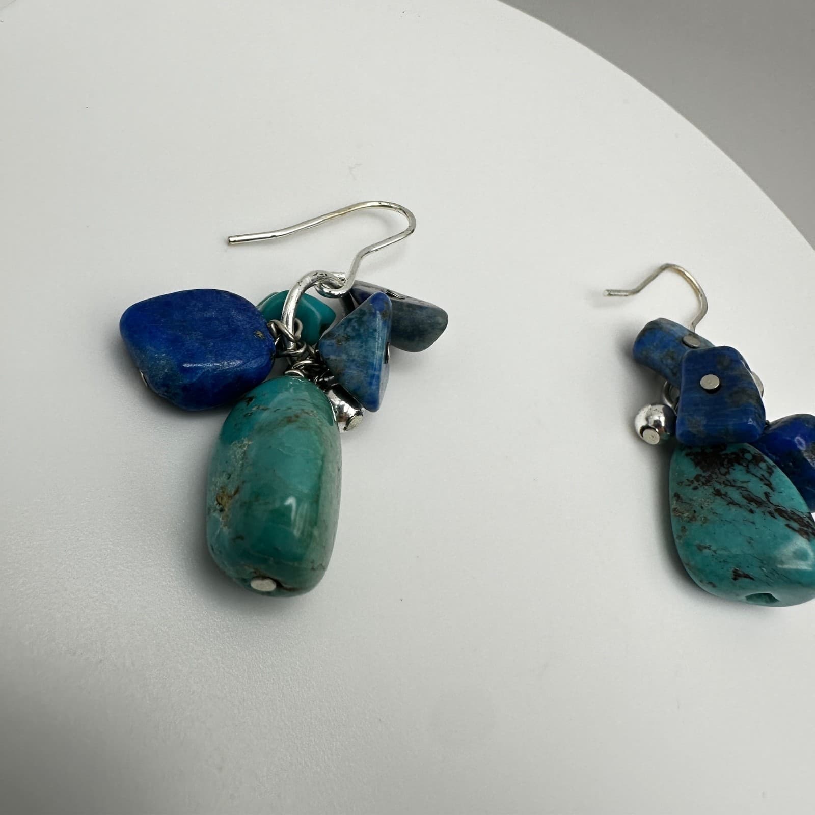 Vintage 90s Turquoise Lapis Lazuli Cluster Earrings Silver Hook Women's Jewelry - Thumbnail 8