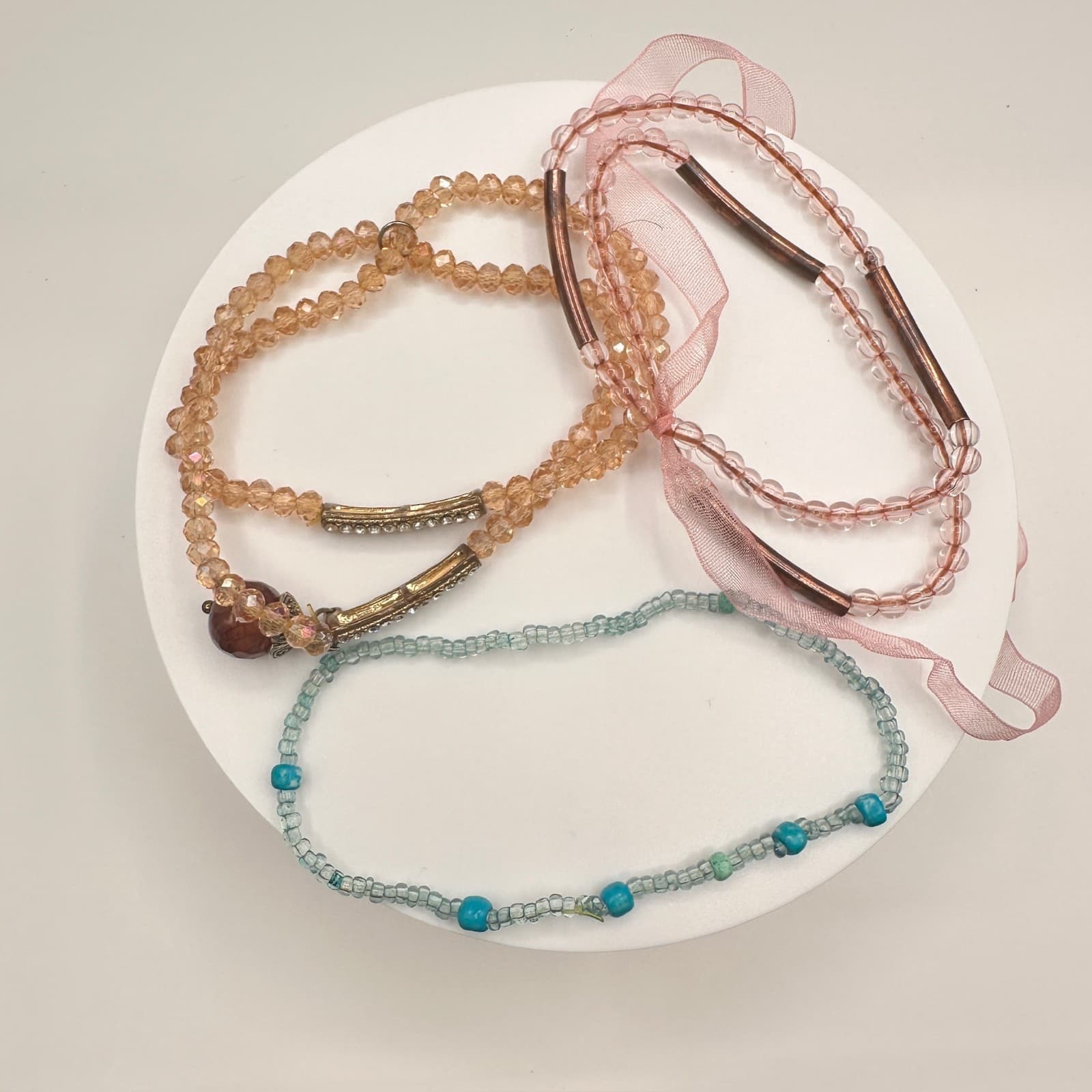 Vintage 90s Beaded Bracelet Set Pink Blue Crystal Beads Gold Tone Accents - Image 1