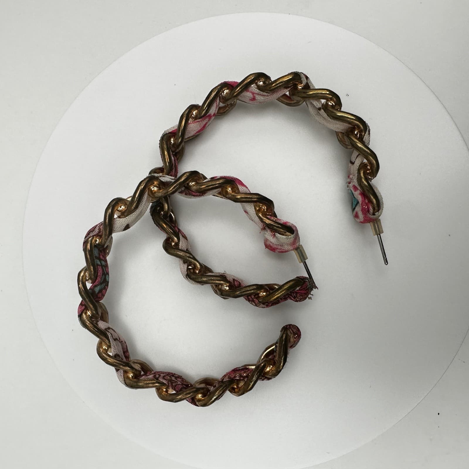 Vintage 90s Gold Tone Chain Floral Pink Fabric Wrapped Hoop Earrings Women's - Thumbnail 9