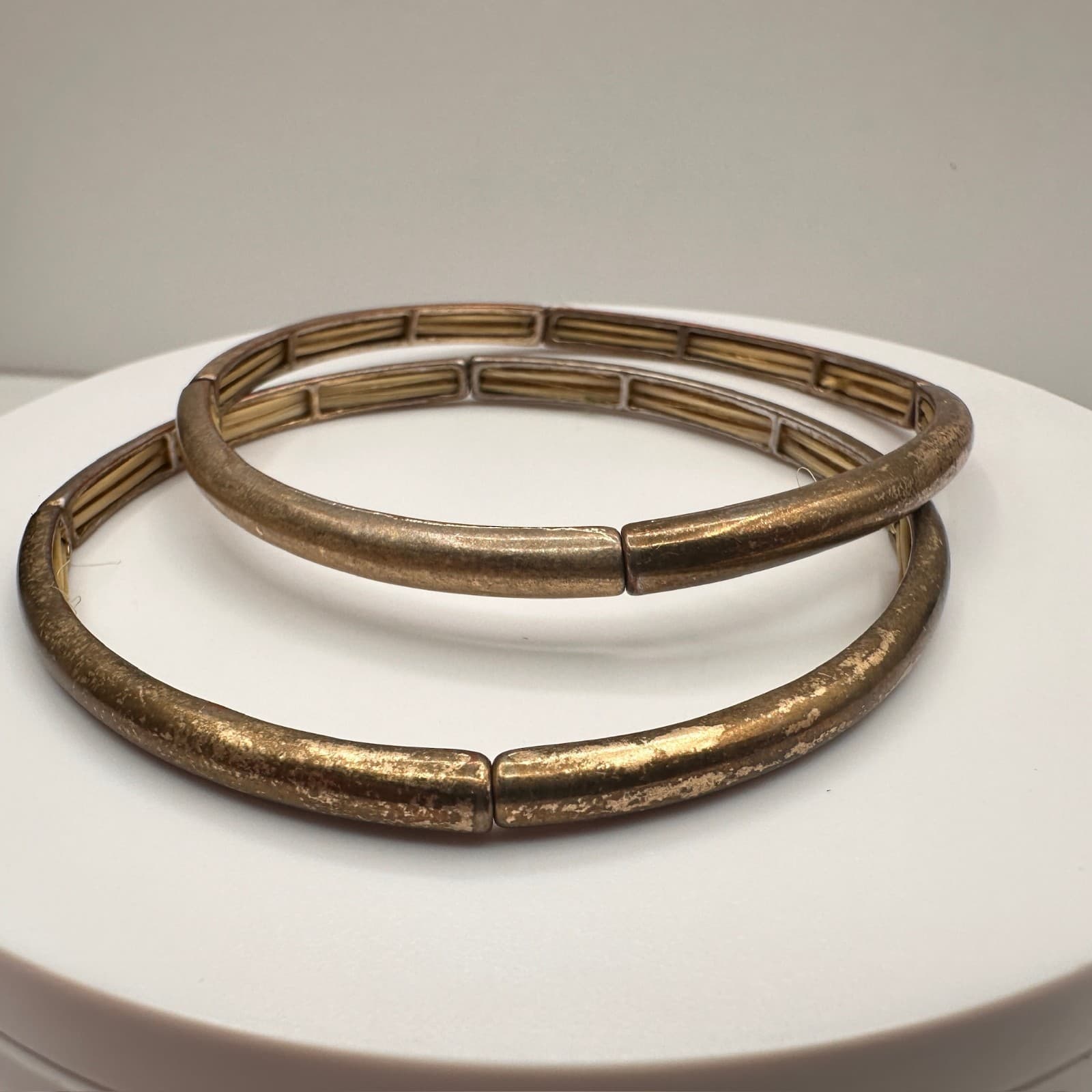 Vintage Gold Tone Stretch Bangles Set Textured Minimalist Bracelets - Thumbnail 8