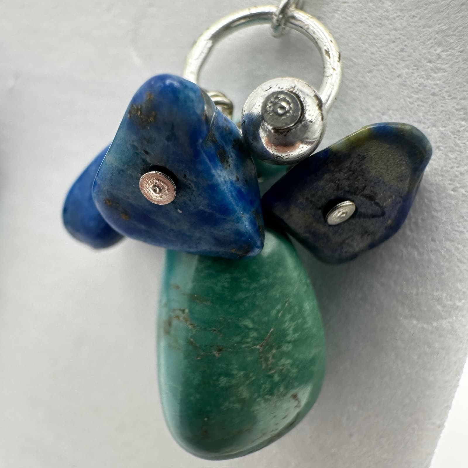 Vintage 90s Turquoise Lapis Lazuli Cluster Earrings Silver Hook Women's Jewelry - Thumbnail 6