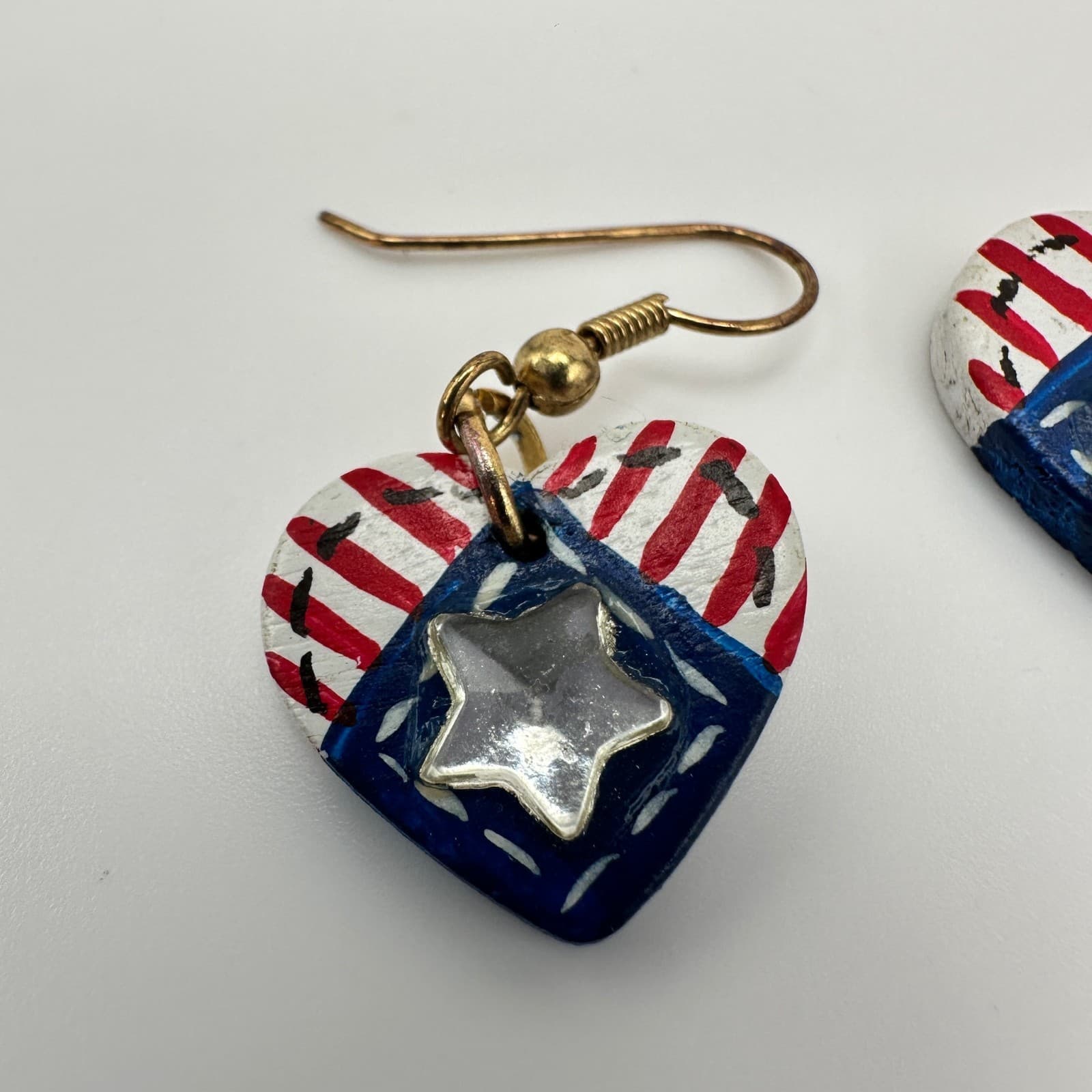 Vintage 90s Handmade Patriotic American Flag Heart Dangle Earrings Jewelry - Thumbnail 7