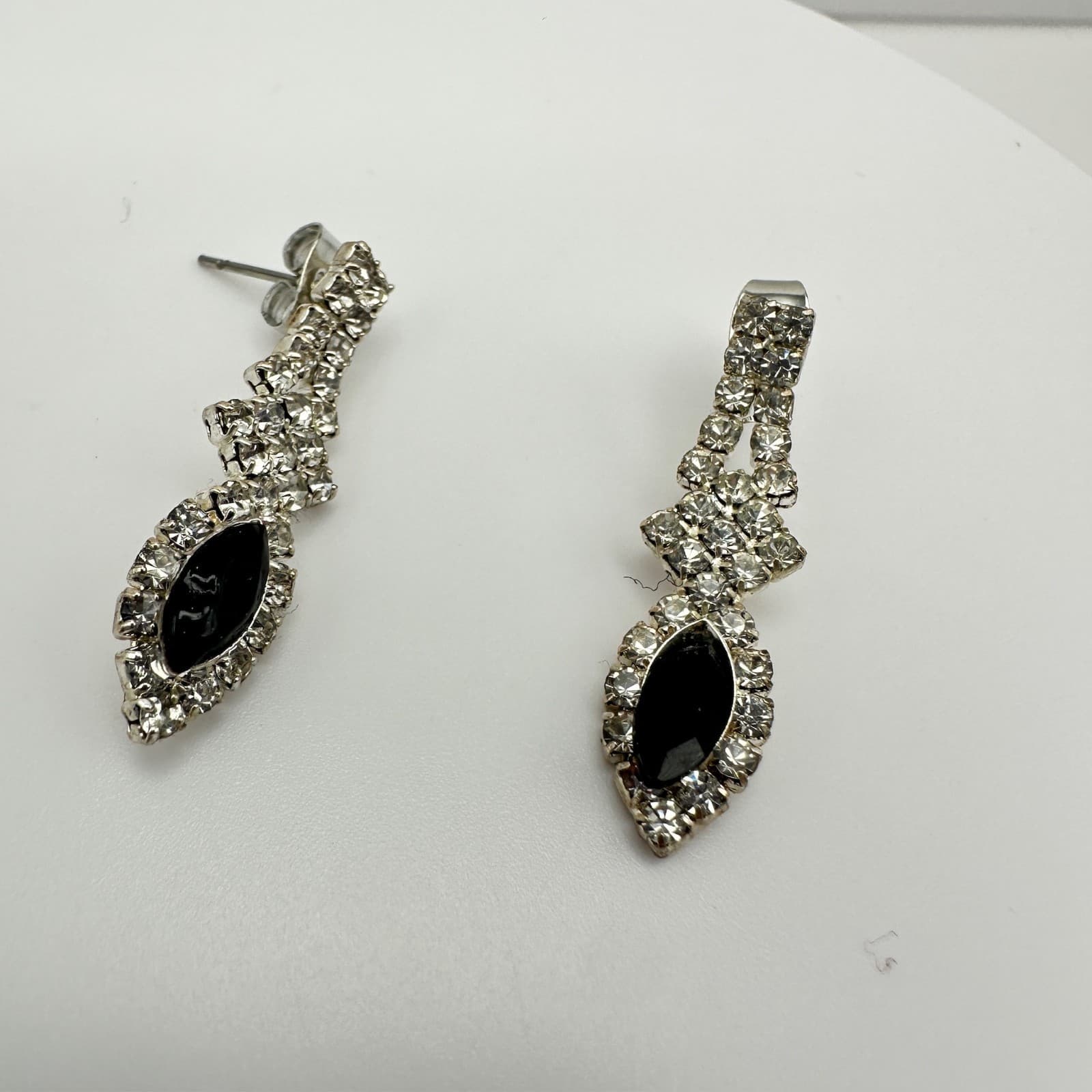 Vintage 80s Silver Tone Jewelry Black Marquise Crystal Rhinestone Drop Earrings - Thumbnail 8