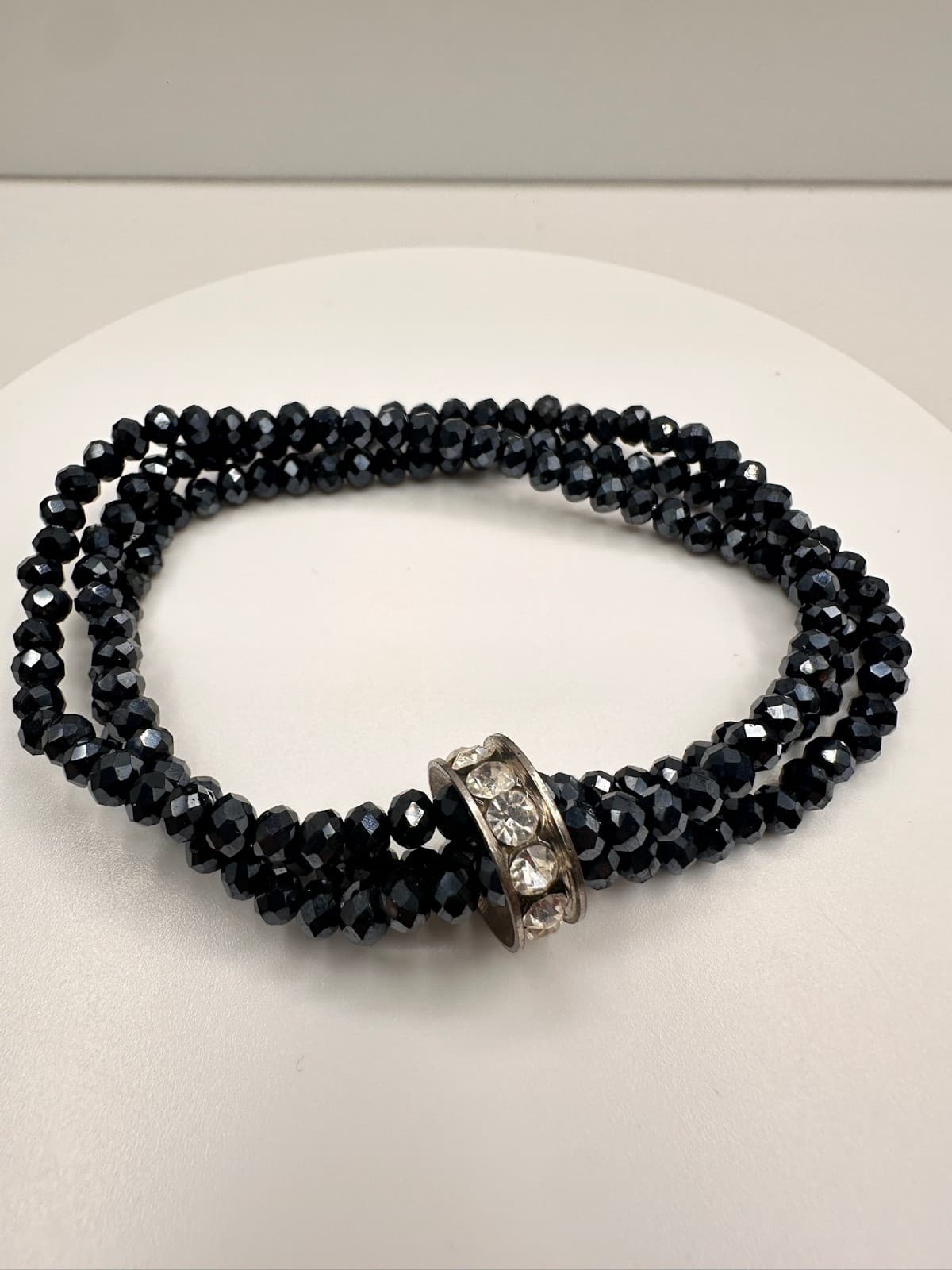 Vintage 90s Black Faceted Beaded Stretch Bracelet Clear Crystal Silver Tone Band - Image 1