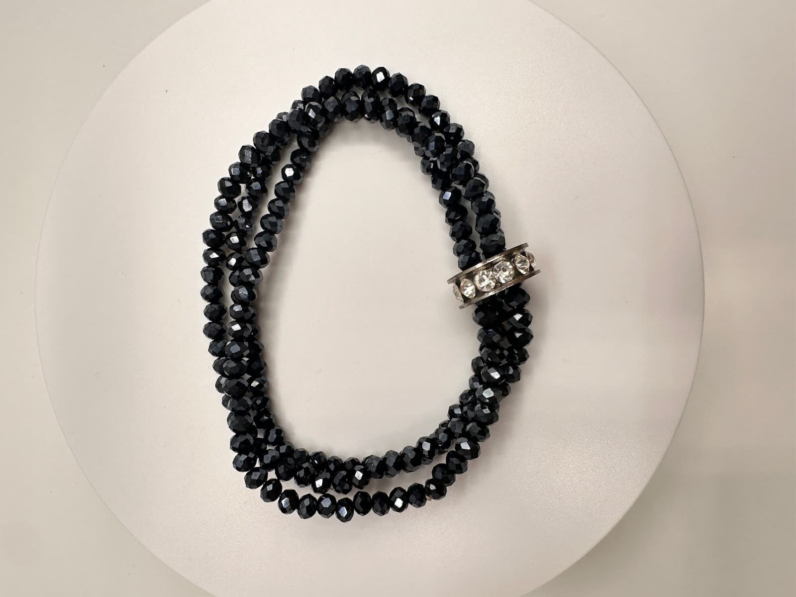 Vintage 90s Black Faceted Beaded Stretch Bracelet Clear Crystal Silver Tone Band - Thumbnail 6