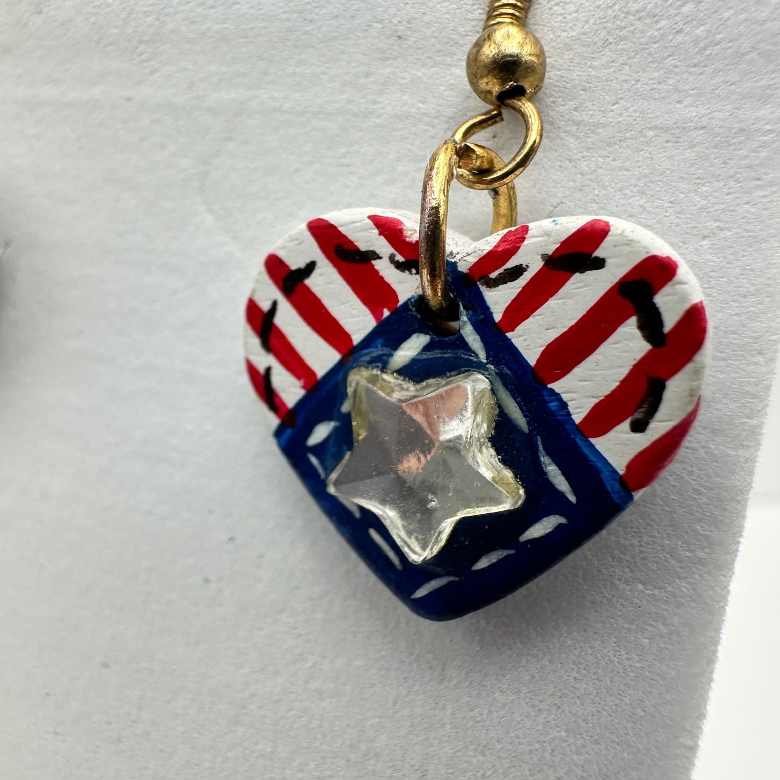 Vintage 90s Handmade Patriotic American Flag Heart Dangle Earrings Jewelry - Thumbnail 4