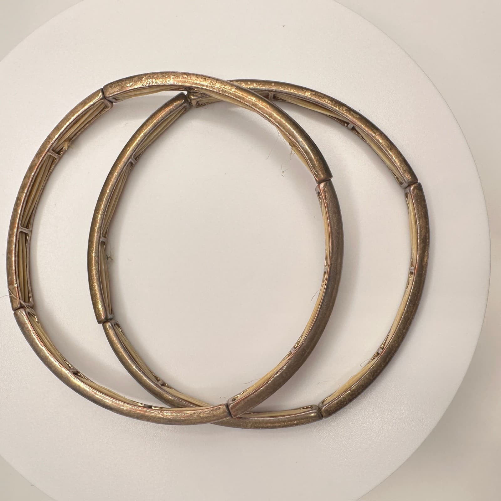 Vintage Gold Tone Stretch Bangles Set Textured Minimalist Bracelets - Thumbnail 3