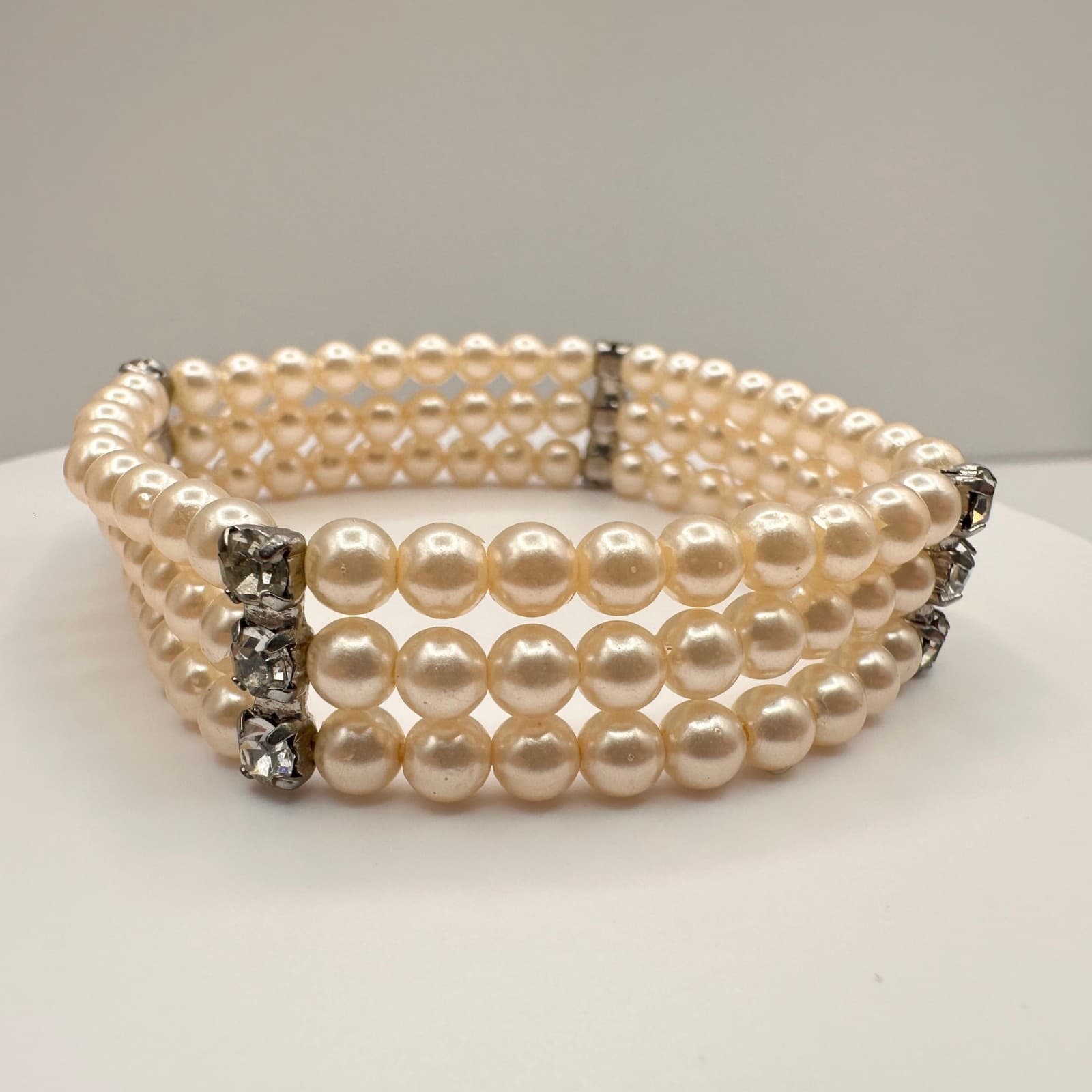 Vintage Y2K Pearl Beaded Bracelet Rhinestone Accent Triple Strand Jewelry - Image 1
