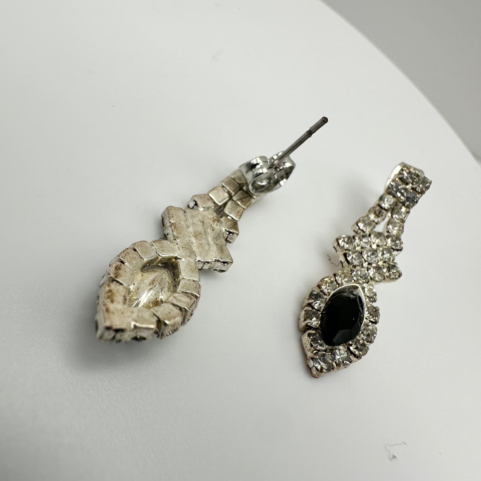 Vintage 80s Silver Tone Jewelry Black Marquise Crystal Rhinestone Drop Earrings - Thumbnail 9