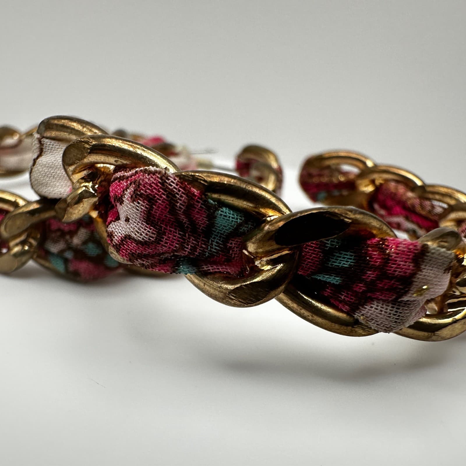Vintage 90s Gold Tone Chain Floral Pink Fabric Wrapped Hoop Earrings Women's - Thumbnail 2