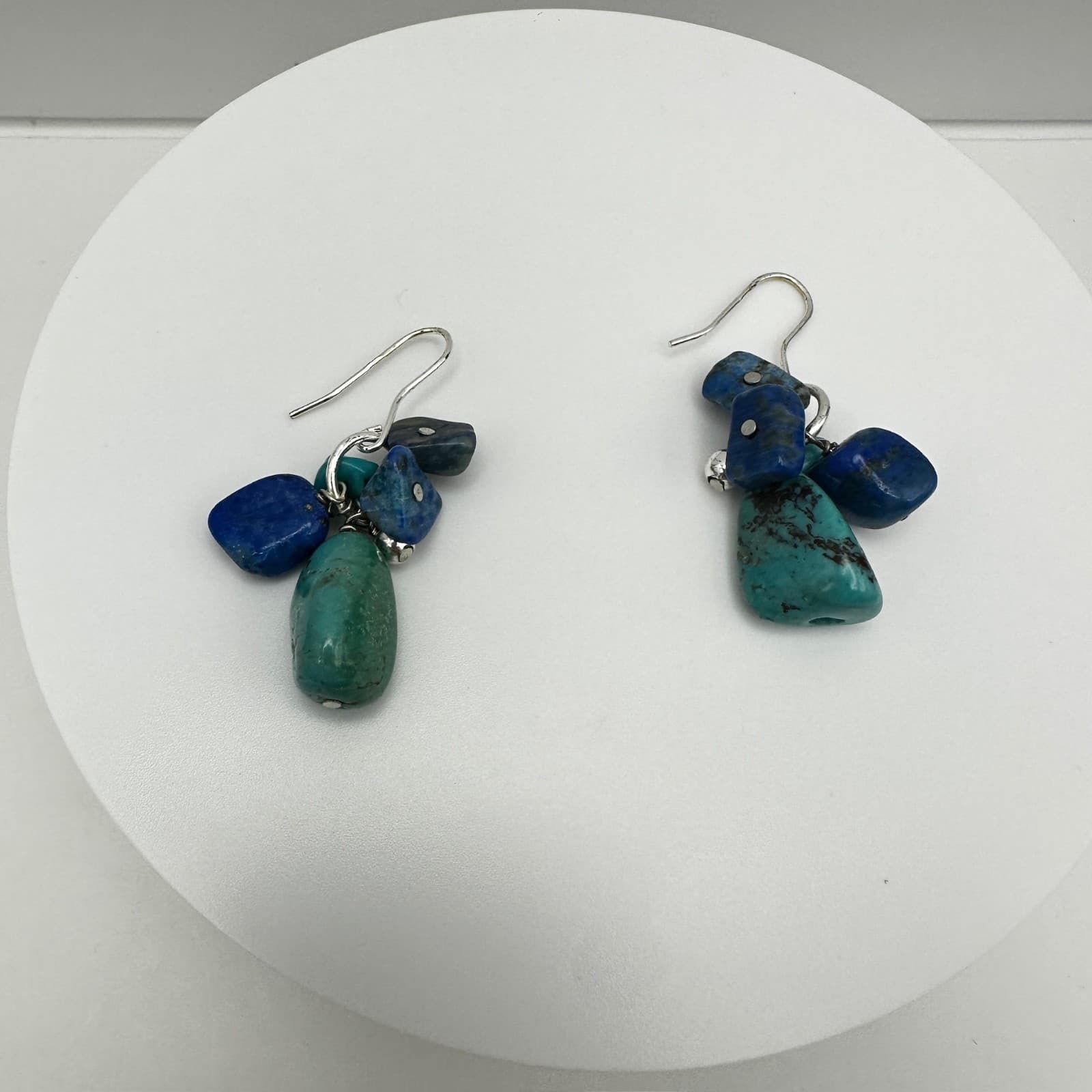 Vintage 90s Turquoise Lapis Lazuli Cluster Earrings Silver Hook Women's Jewelry - Thumbnail 7