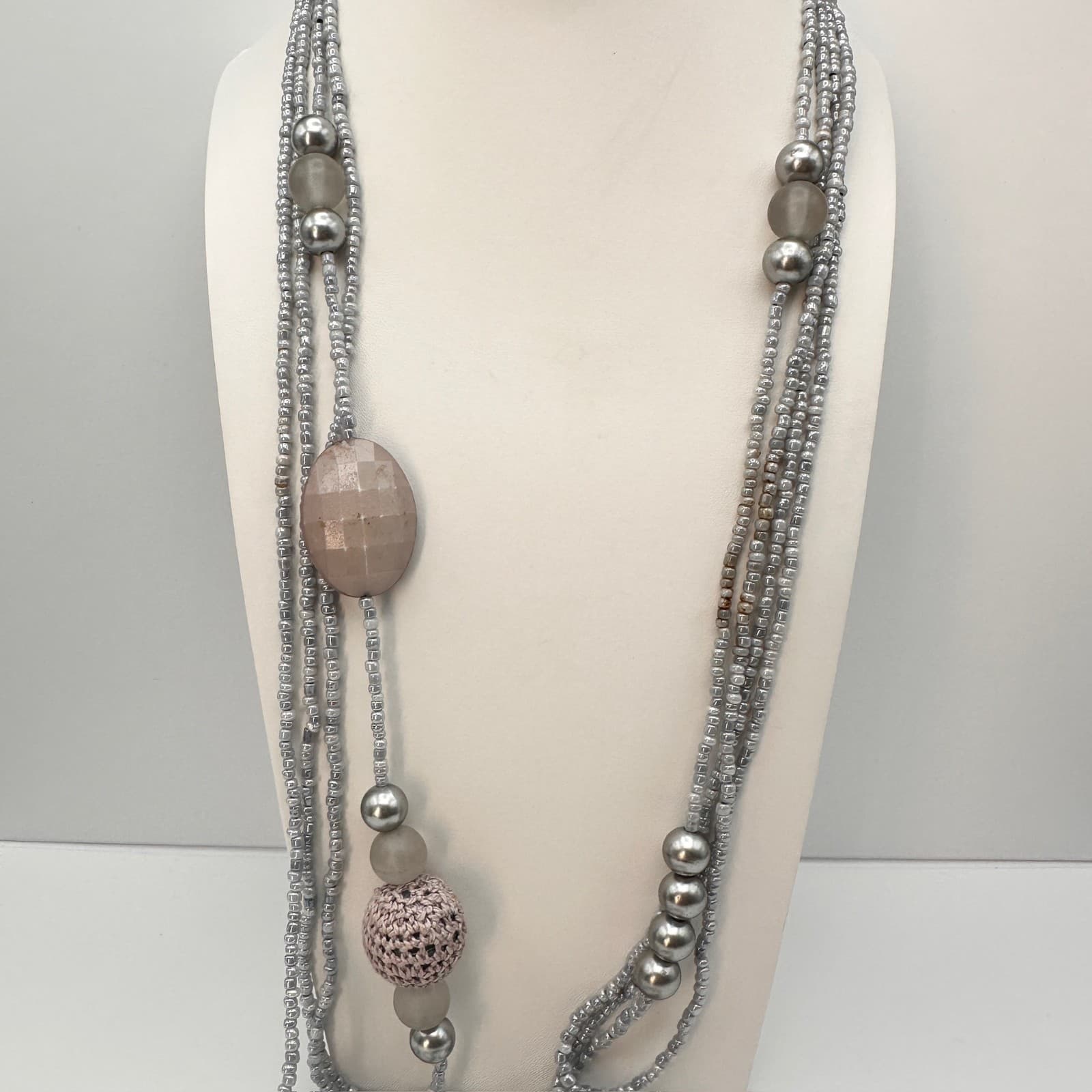 Vintage 80s Multi-Strand Long Beaded Statement Necklace Pink Accents Jewelry - Image 1