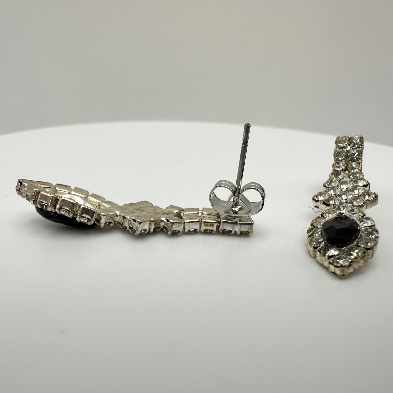 Vintage 80s Silver Tone Jewelry Black Marquise Crystal Rhinestone Drop Earrings - Thumbnail 10