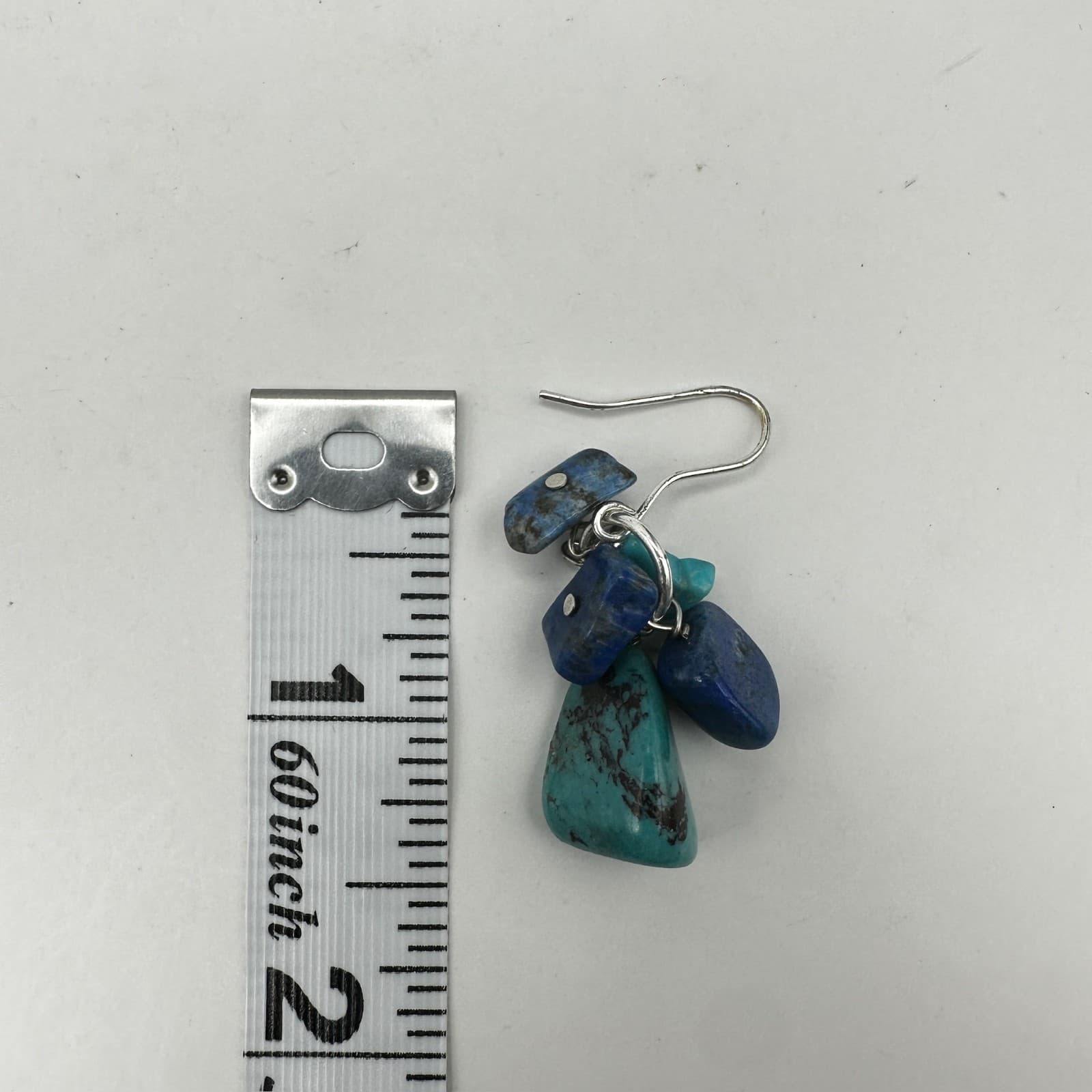 Vintage 90s Turquoise Lapis Lazuli Cluster Earrings Silver Hook Women's Jewelry - Thumbnail 10
